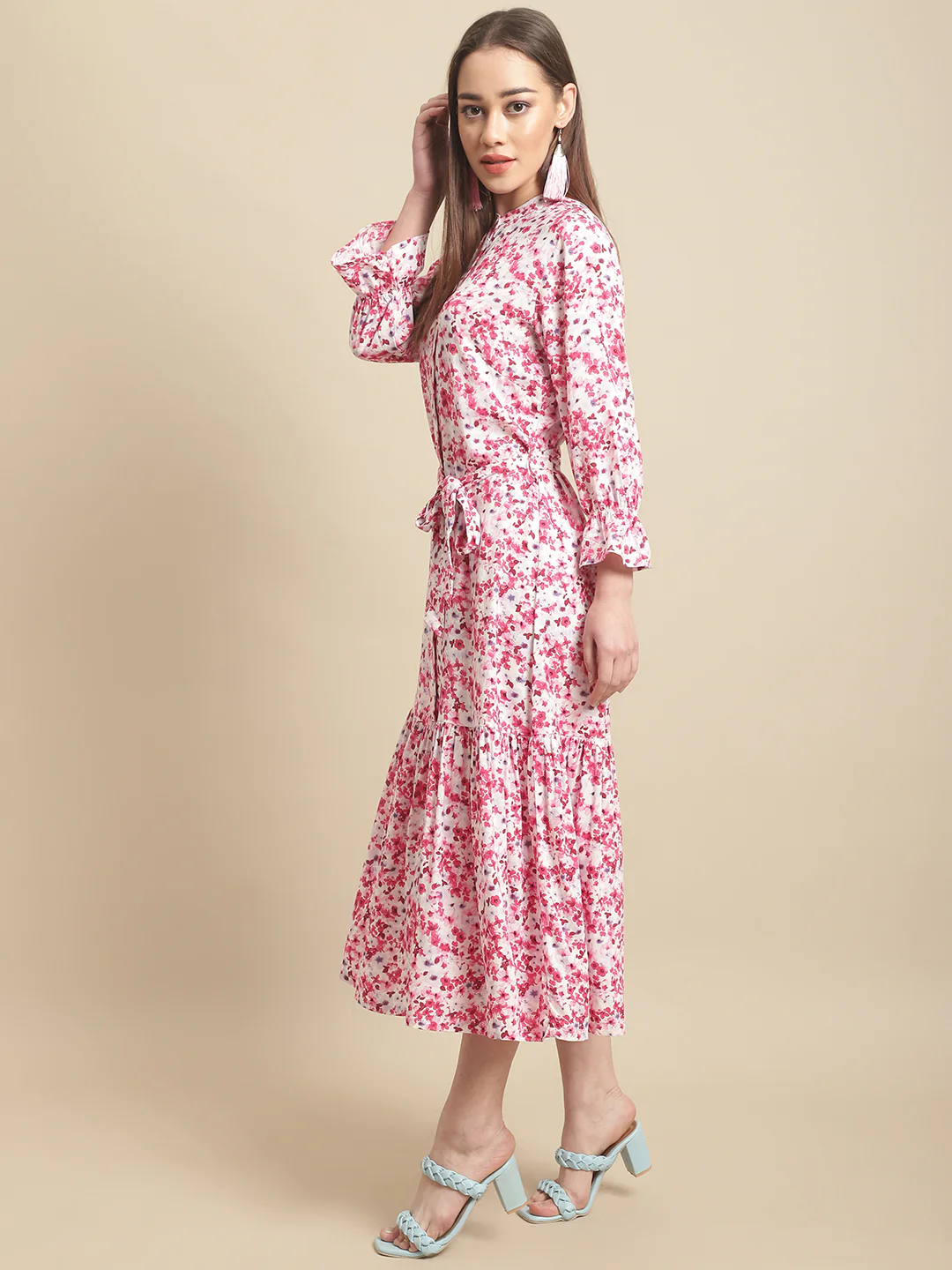 Women's Casual Round neck Red Ditsy Floral Print Fit & Flared Dress - Image 3
