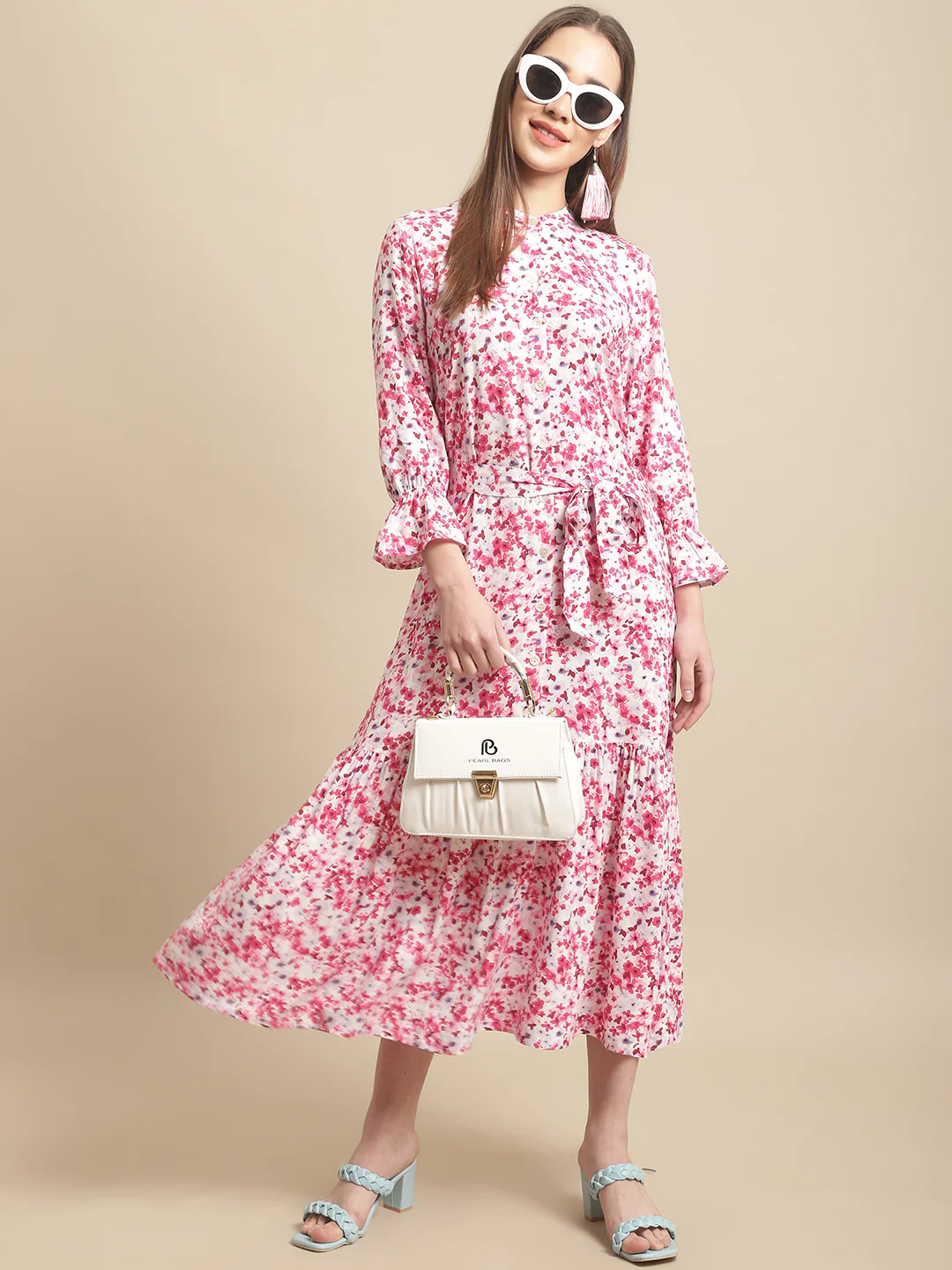 Women's Casual Round neck Red Ditsy Floral Print Fit & Flared Dress - Image 5