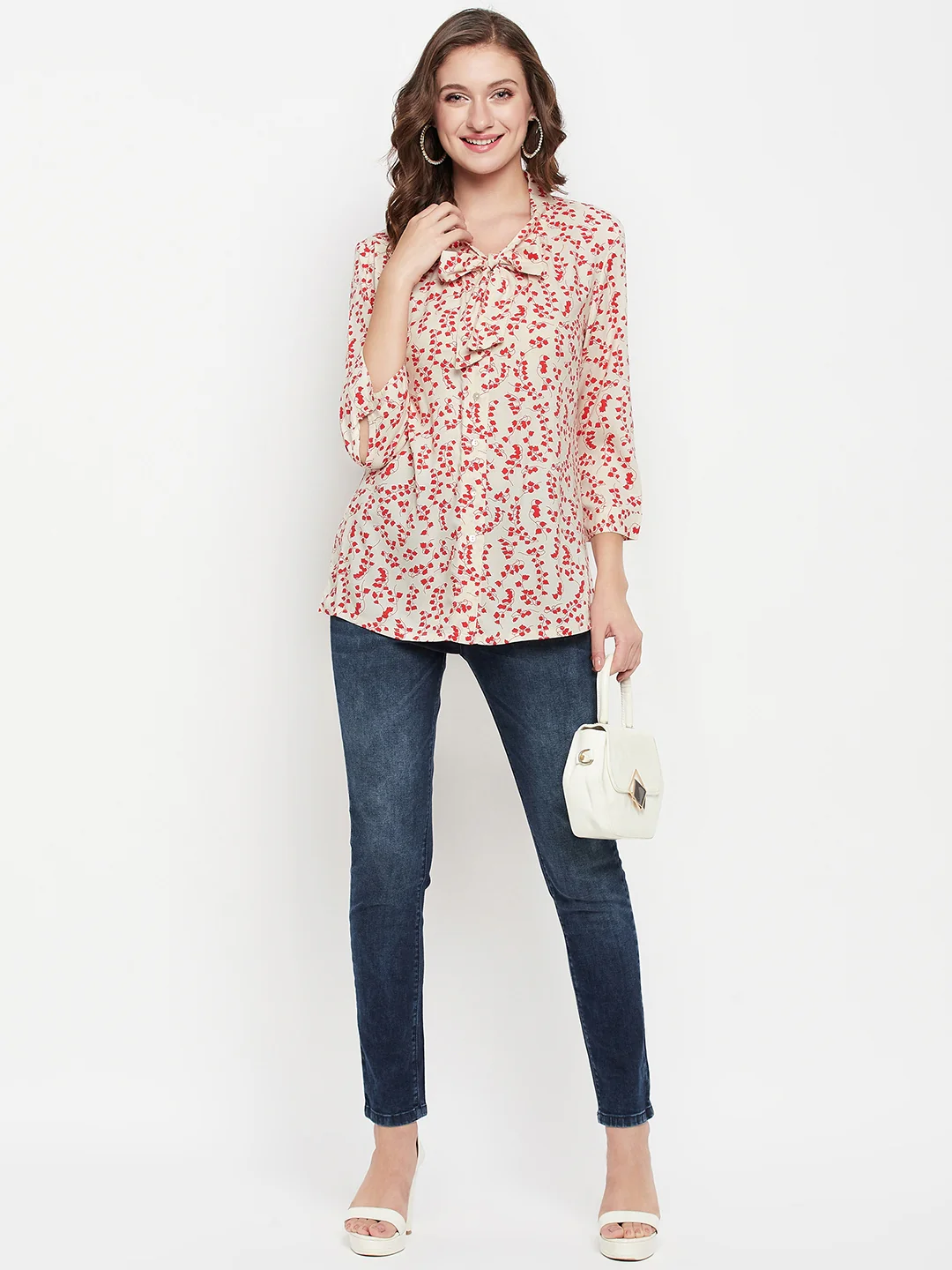 Women's Casual  Red Floral Print Tie up Neck Tunic - Image 2