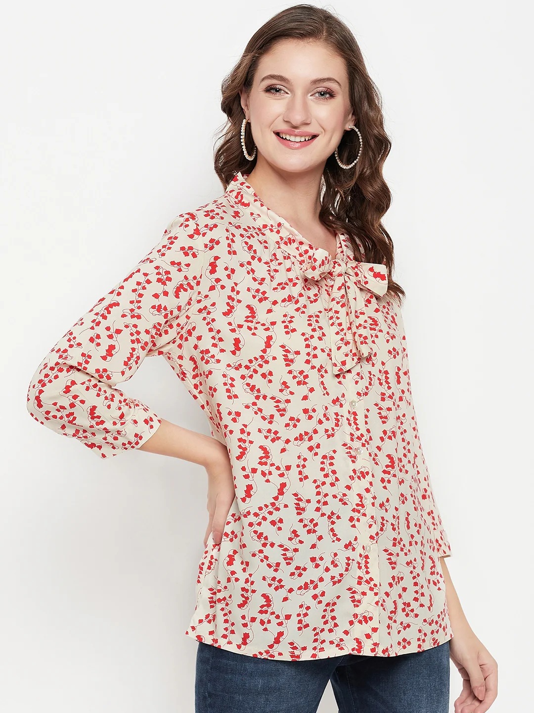 Women's Casual  Red Floral Print Tie up Neck Tunic - Image 4