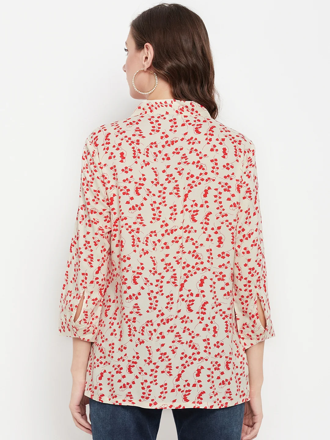 Women's Casual  Red Floral Print Tie up Neck Tunic - Image 5