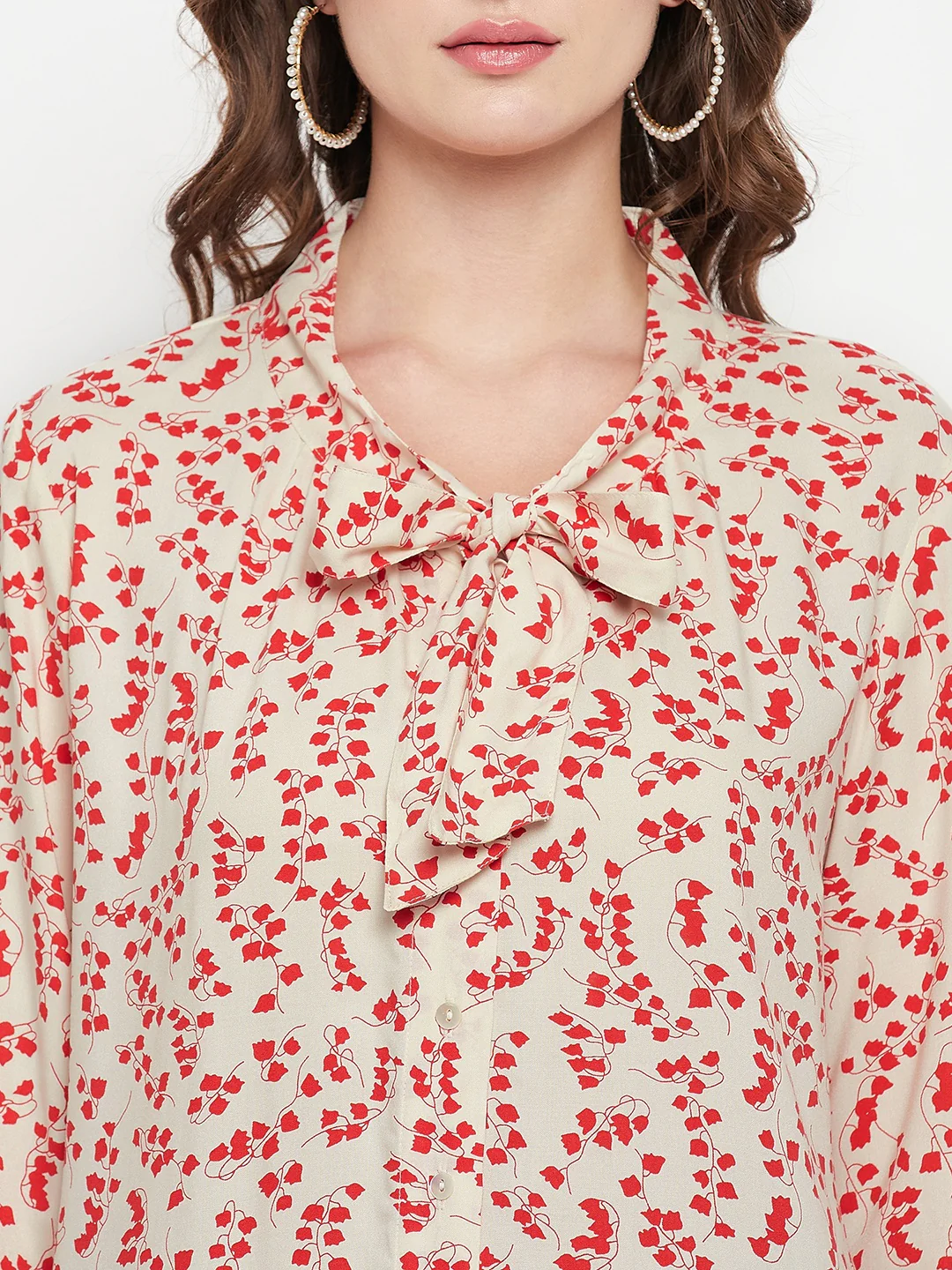 Women's Casual  Red Floral Print Tie up Neck Tunic - Image 6