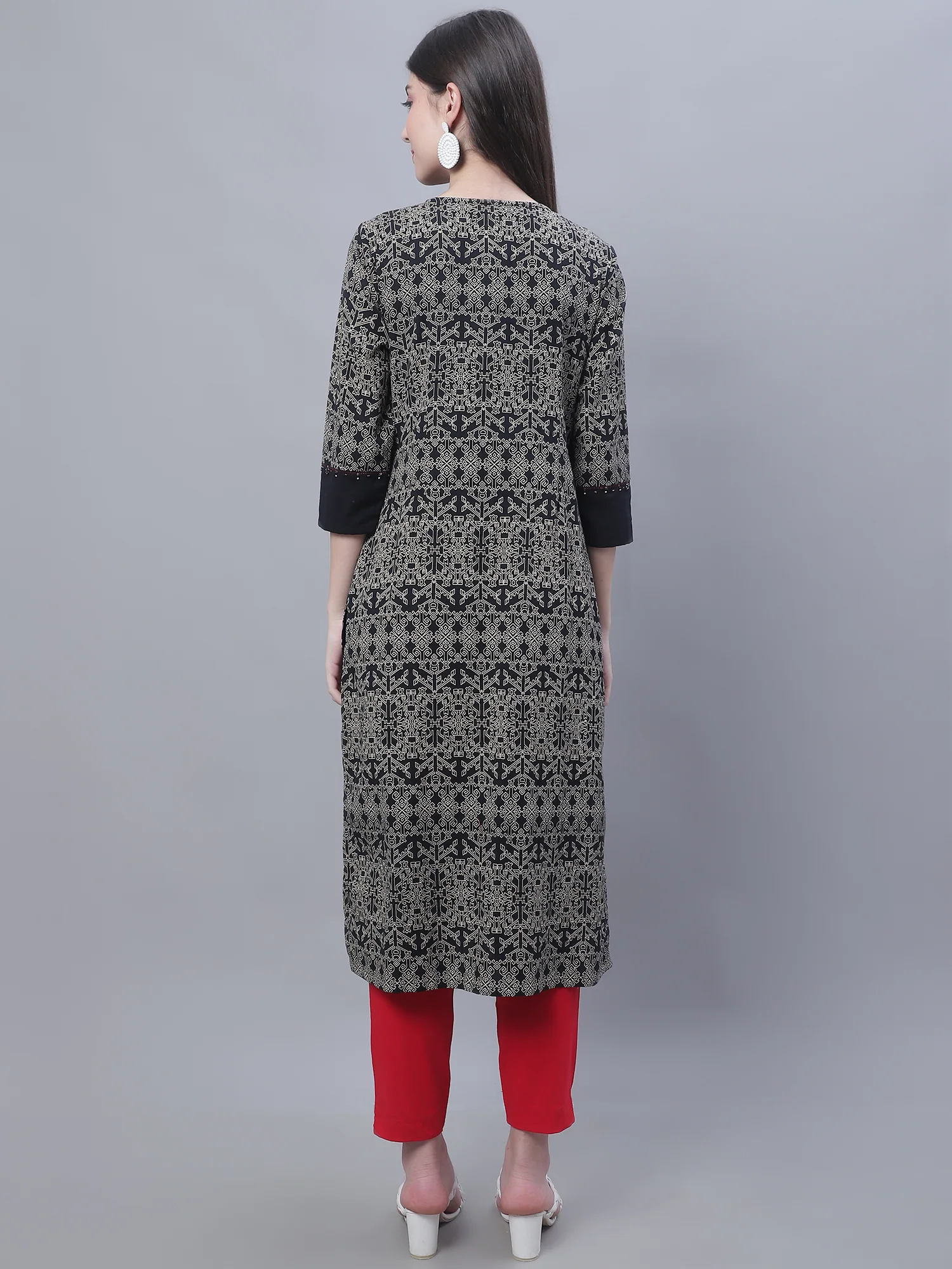 Women's Casual Round Neck Brick All Over Printed Knee Length Kurti - Image 2