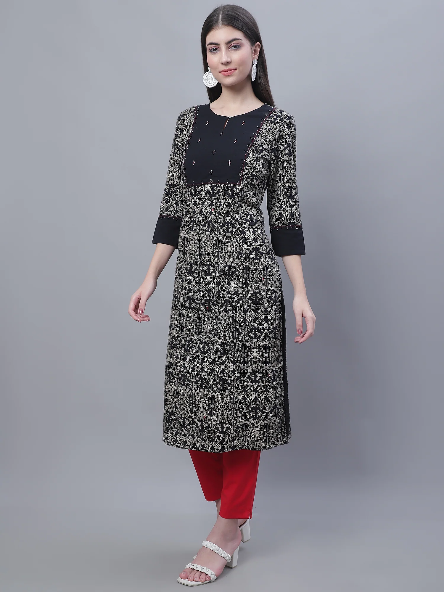 Women's Casual Round Neck Brick All Over Printed Knee Length Kurti - Image 3