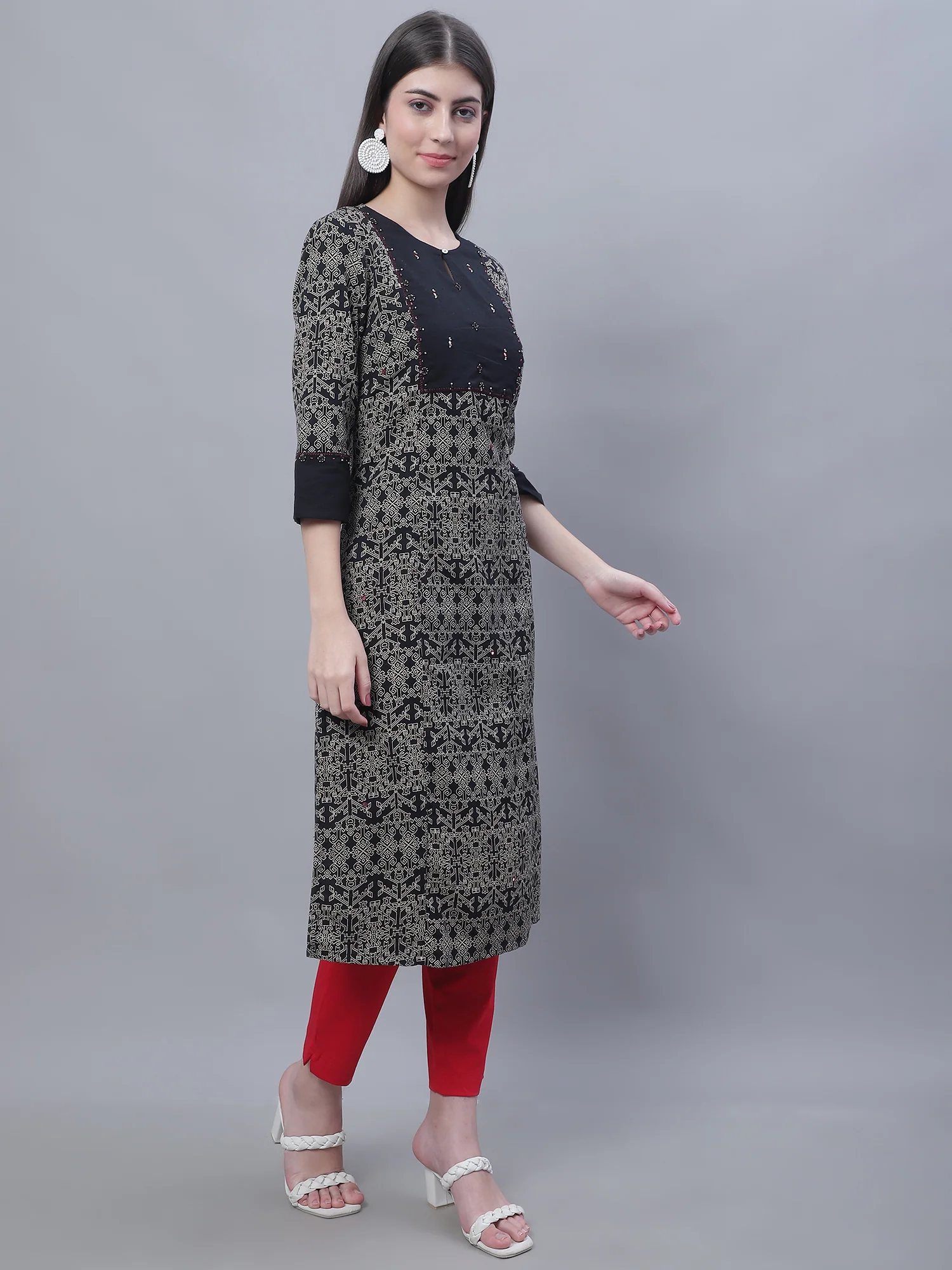 Women's Casual Round Neck Brick All Over Printed Knee Length Kurti - Image 4