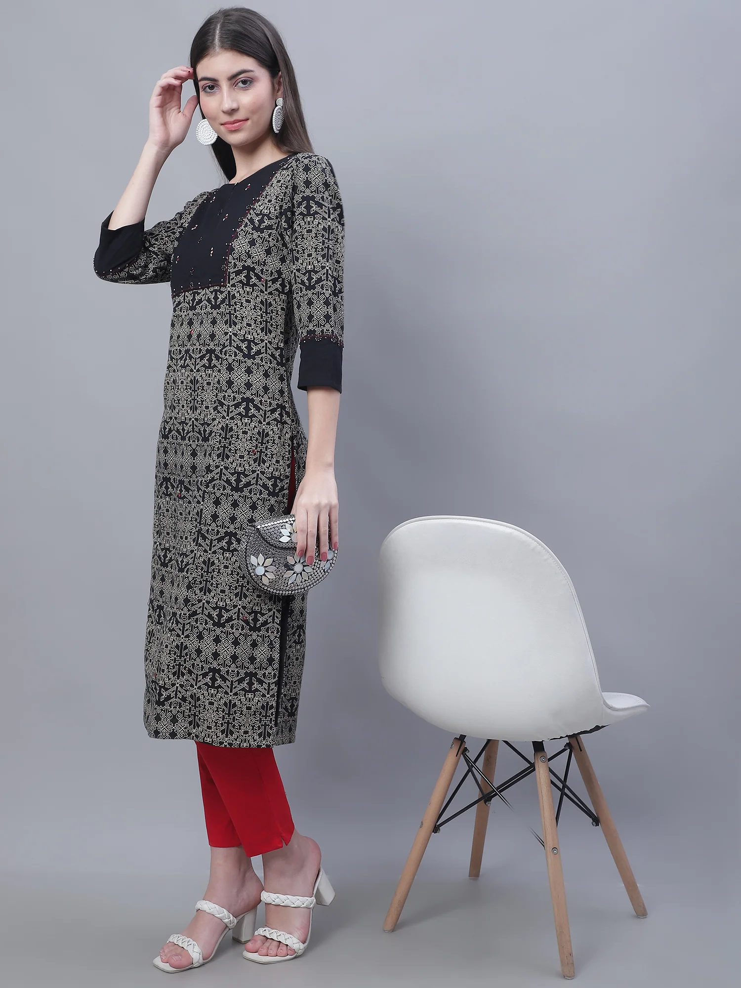 Women's Casual Round Neck Brick All Over Printed Knee Length Kurti - Image 5