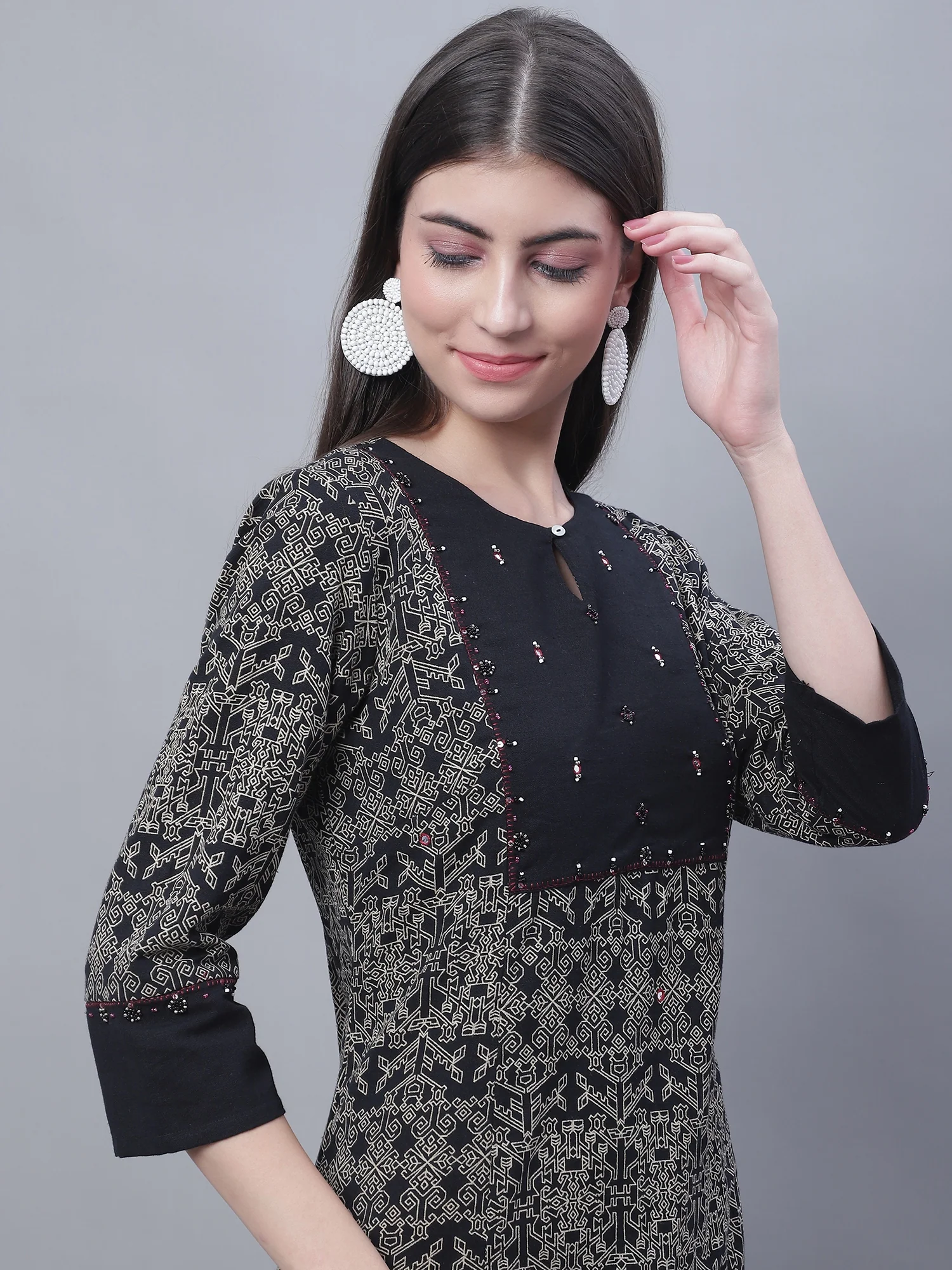 Women's Casual Round Neck Brick All Over Printed Knee Length Kurti - Image 6