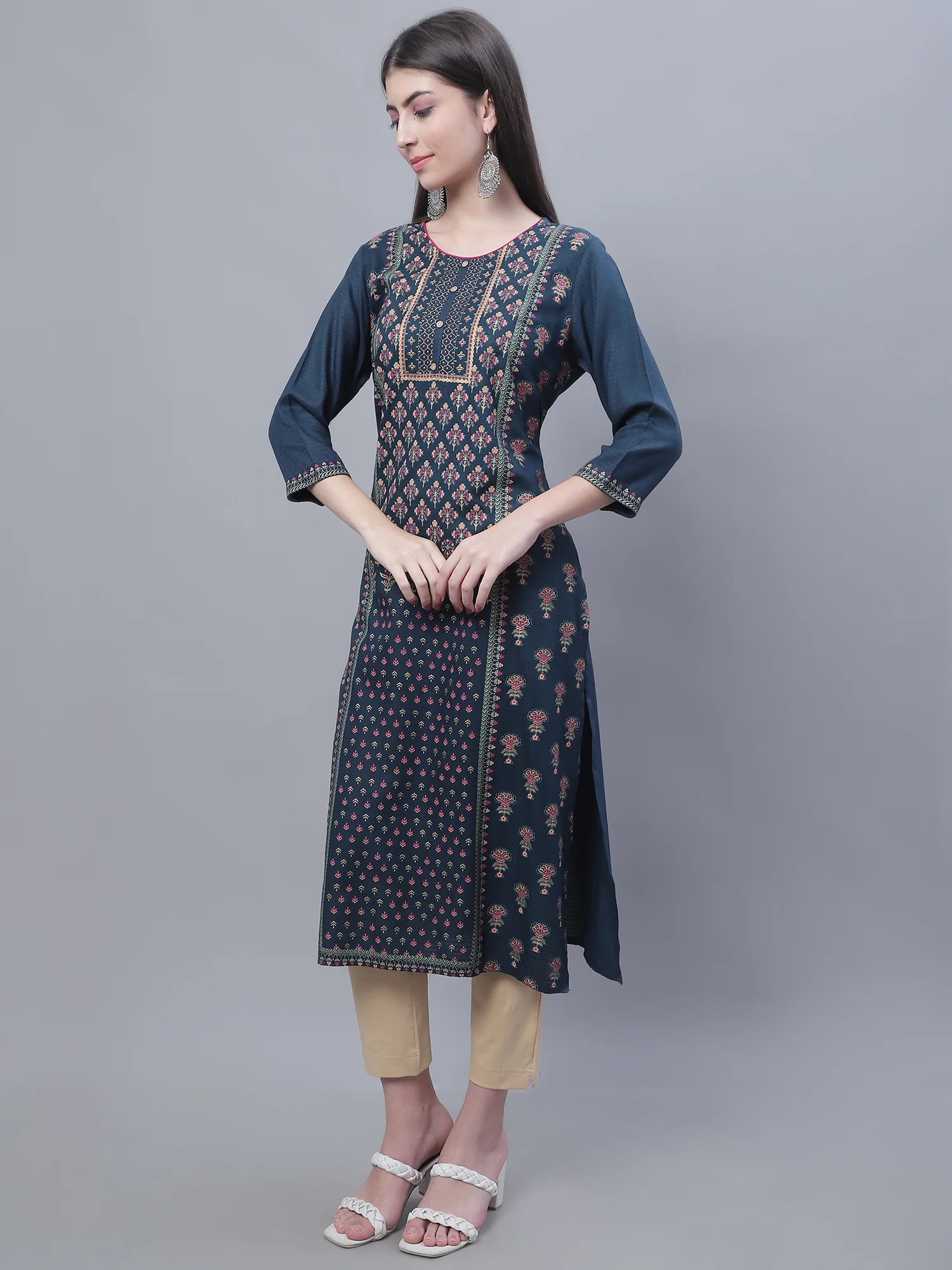Women's Casual Round neck Teal All over Printed Calf length Kurti - Image 3