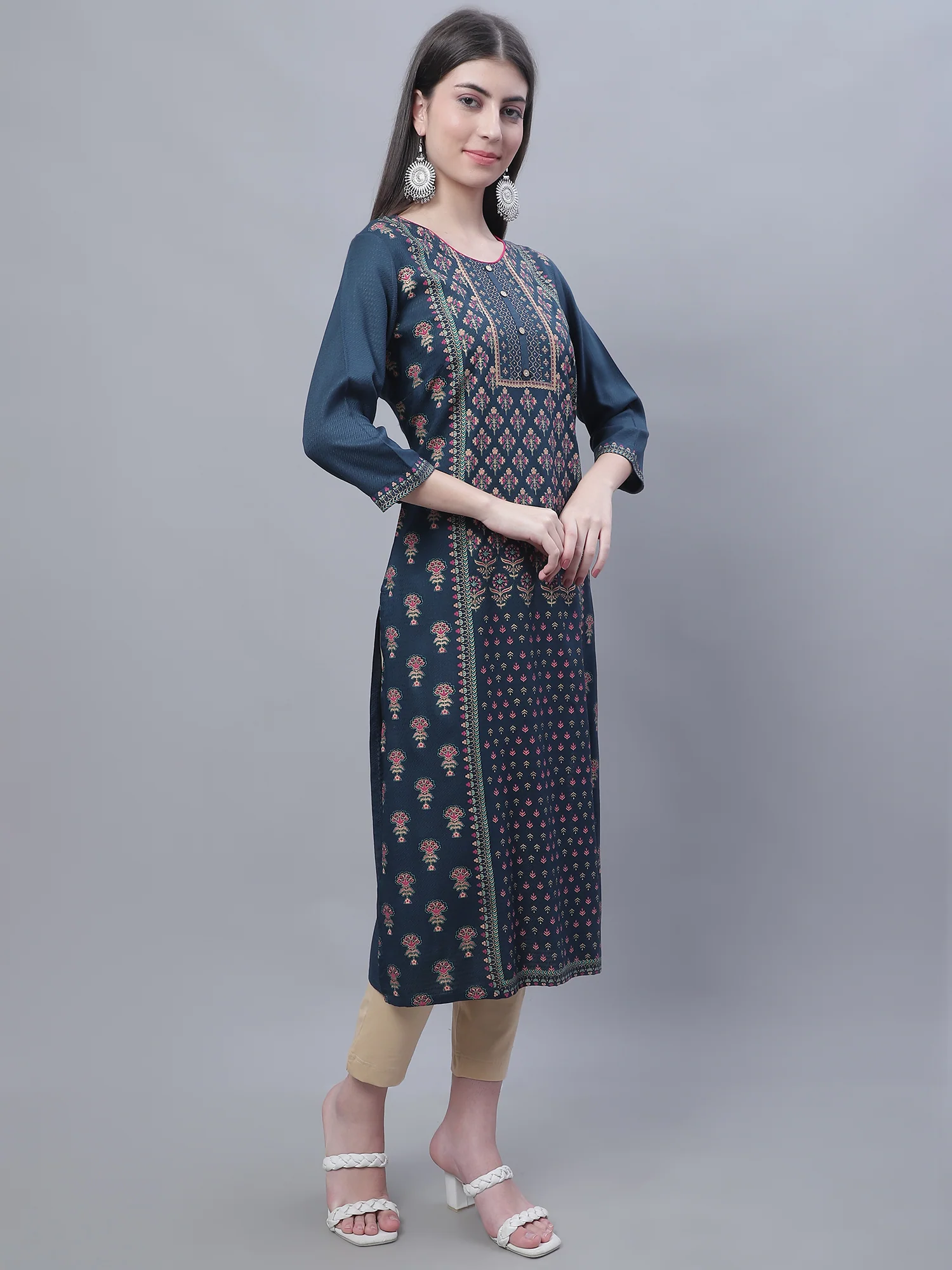 Women's Casual Round neck Teal All over Printed Calf length Kurti - Image 4
