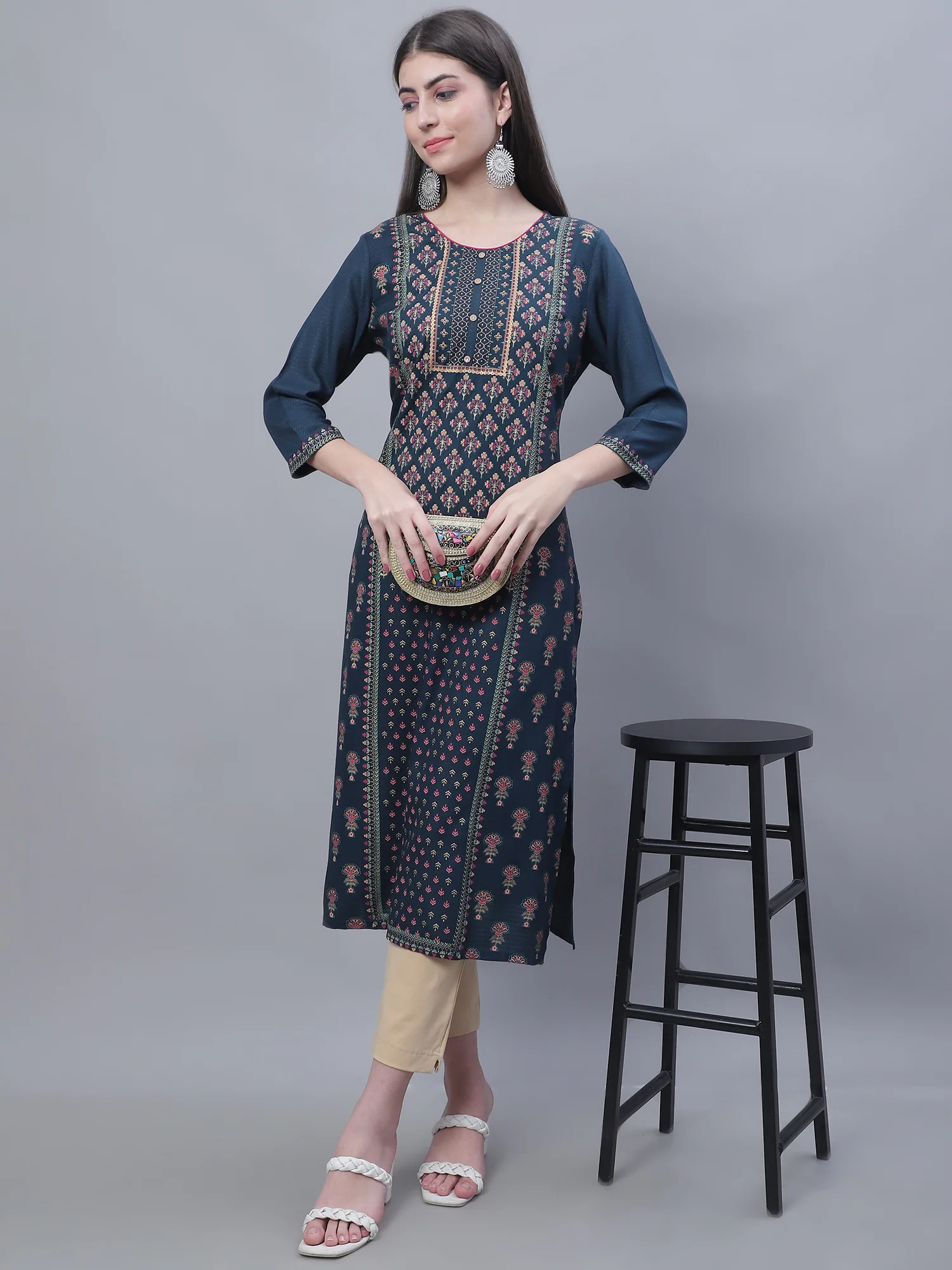 Women's Casual Round neck Teal All over Printed Calf length Kurti - Image 5