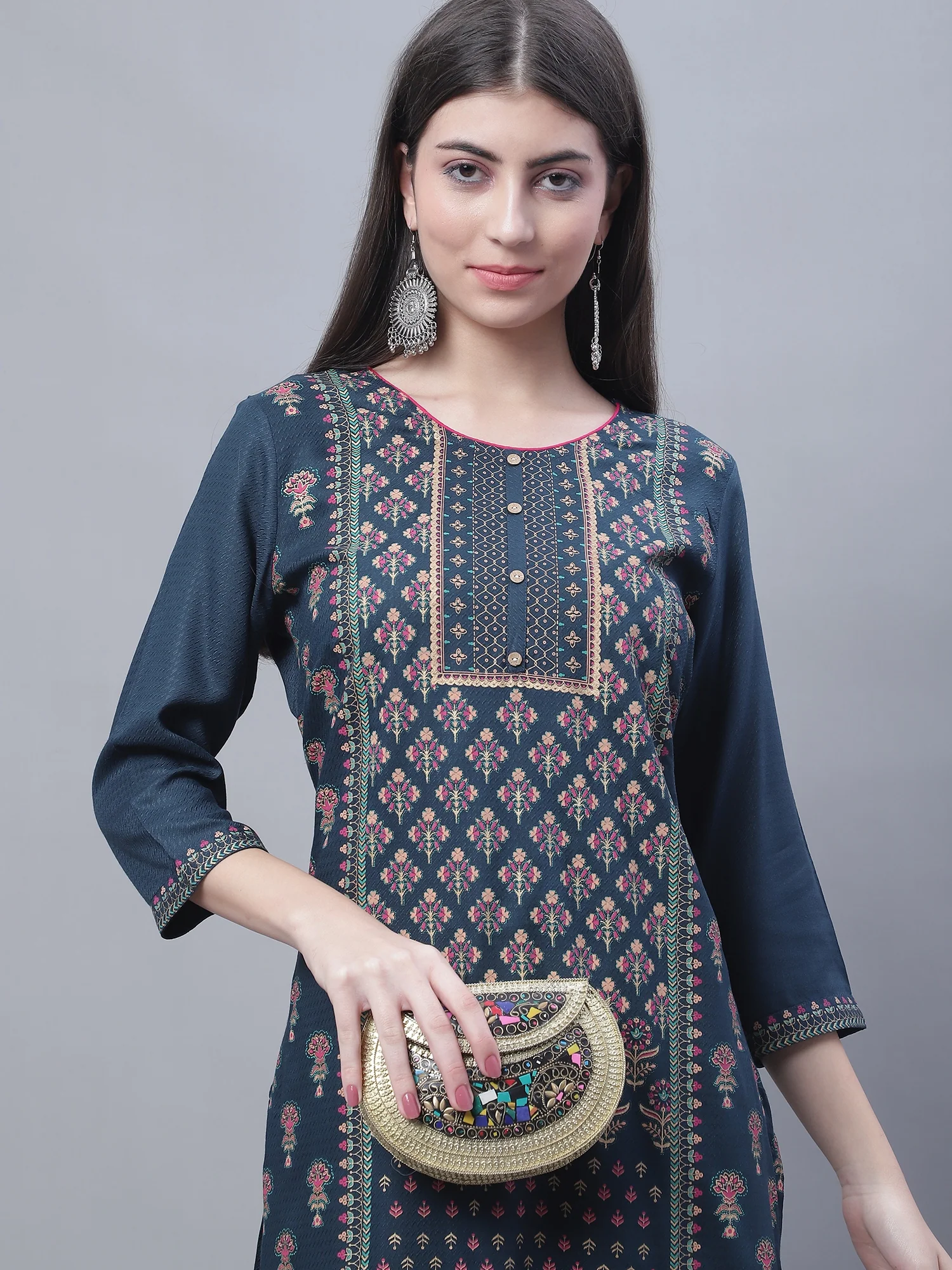 Women's Casual Round neck Teal All over Printed Calf length Kurti - Image 6