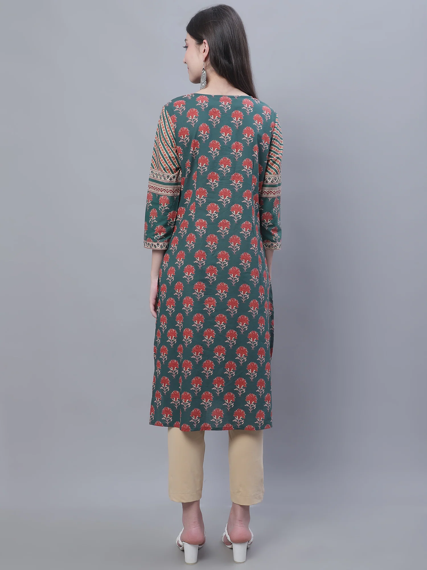 Women's Casual Round Neck Green All Over Printed Knee Length Kurti - Image 2