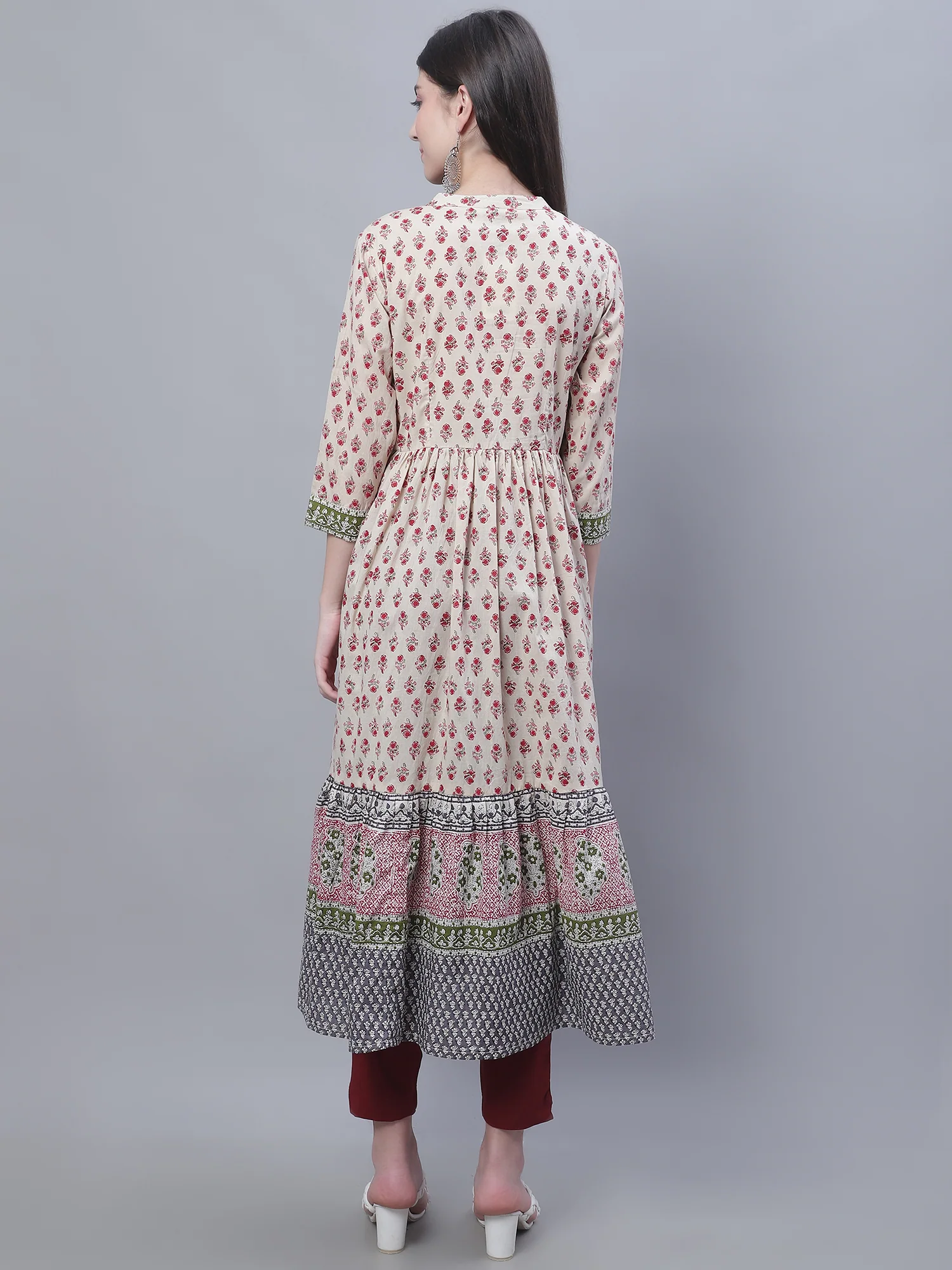 Women's Casual Band Collar Offwhite All Over Printed with Border Calf Length Kurti - Image 2