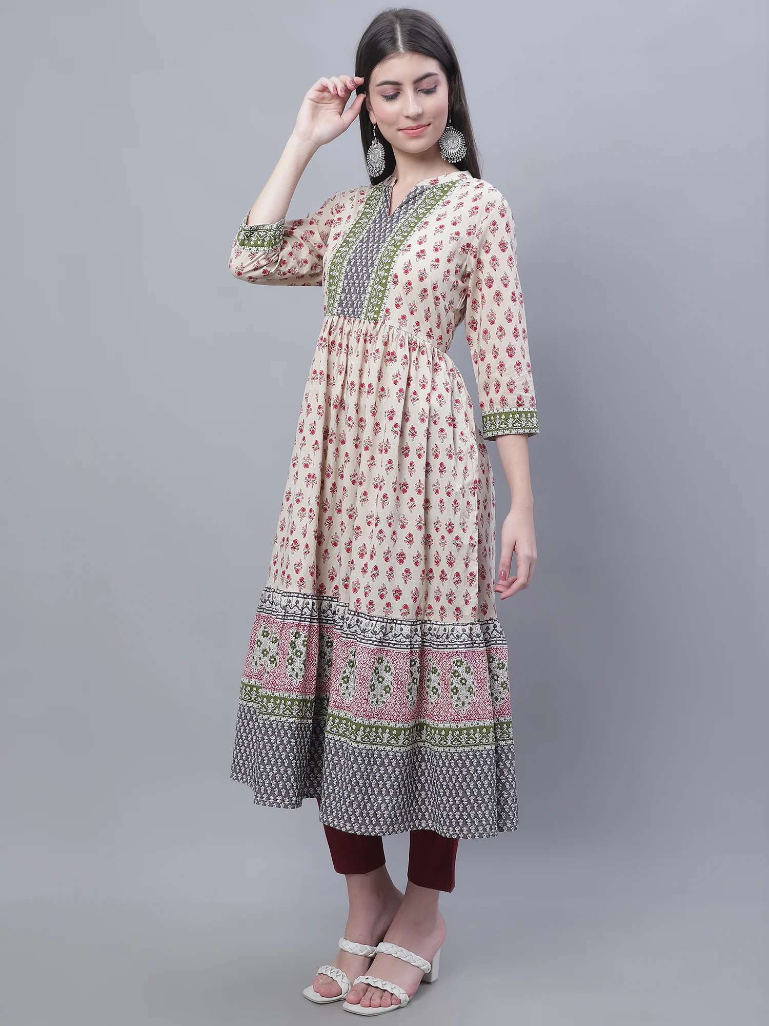 Women's Casual Band Collar Offwhite All Over Printed with Border Calf Length Kurti - Image 3