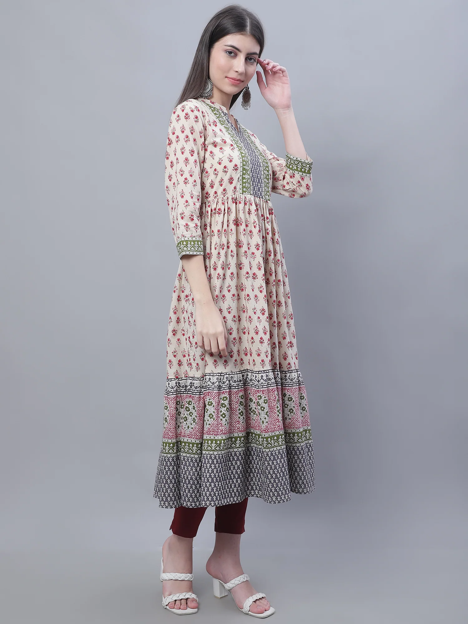 Women's Casual Band Collar Offwhite All Over Printed with Border Calf Length Kurti - Image 4