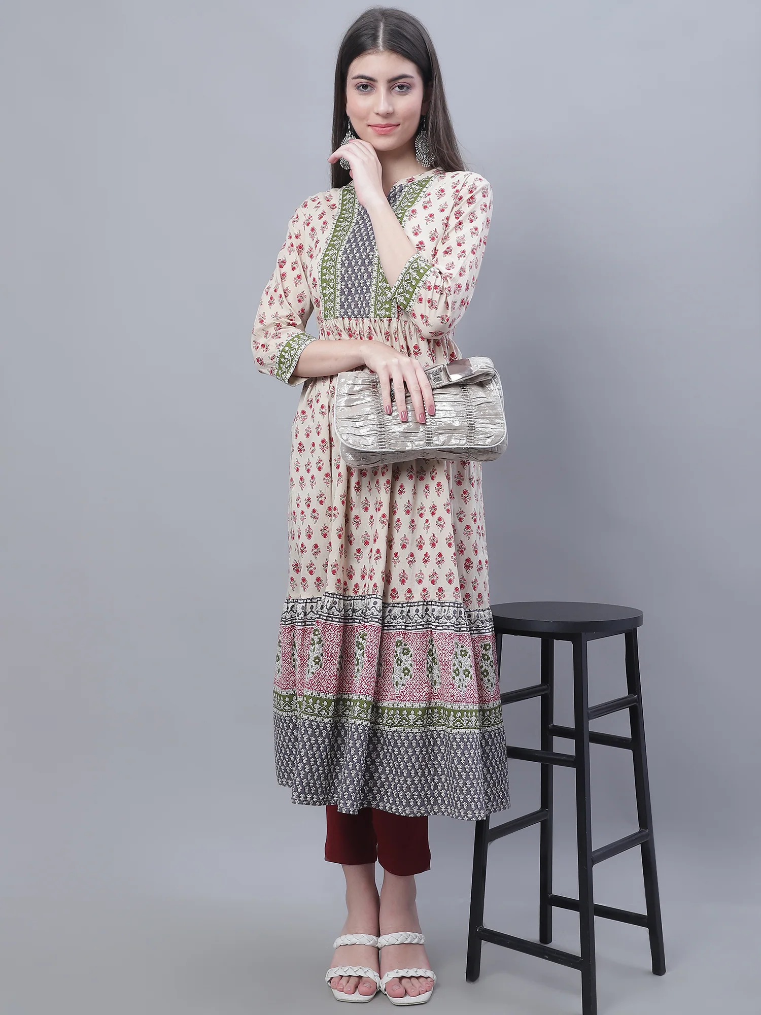 Women's Casual Band Collar Offwhite All Over Printed with Border Calf Length Kurti - Image 5