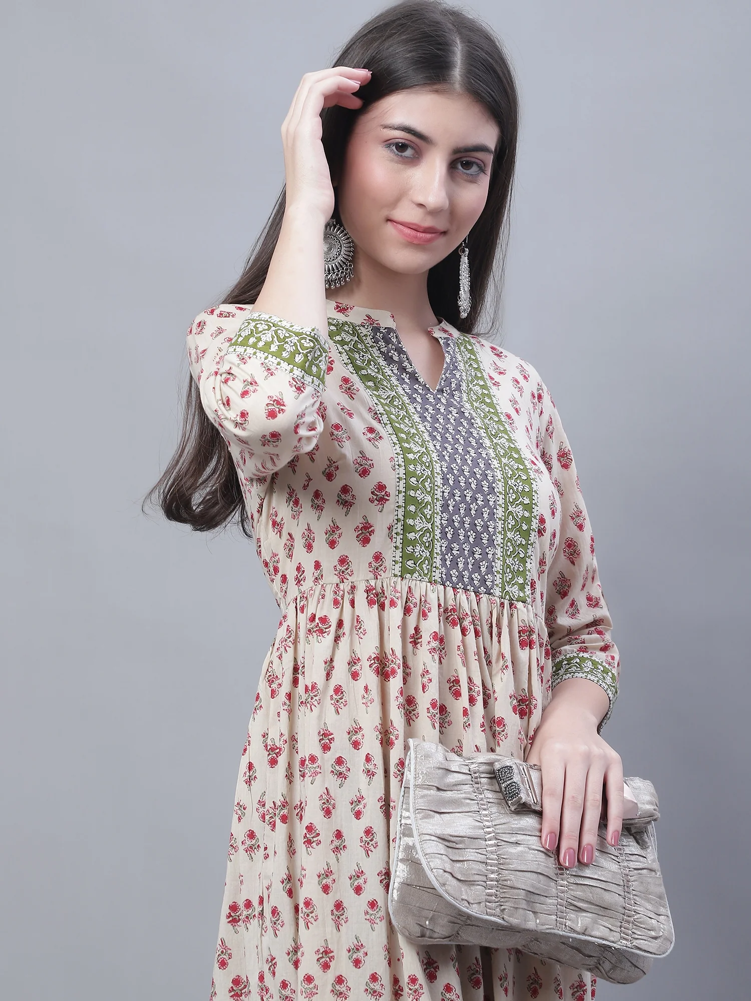 Women's Casual Band Collar Offwhite All Over Printed with Border Calf Length Kurti - Image 6