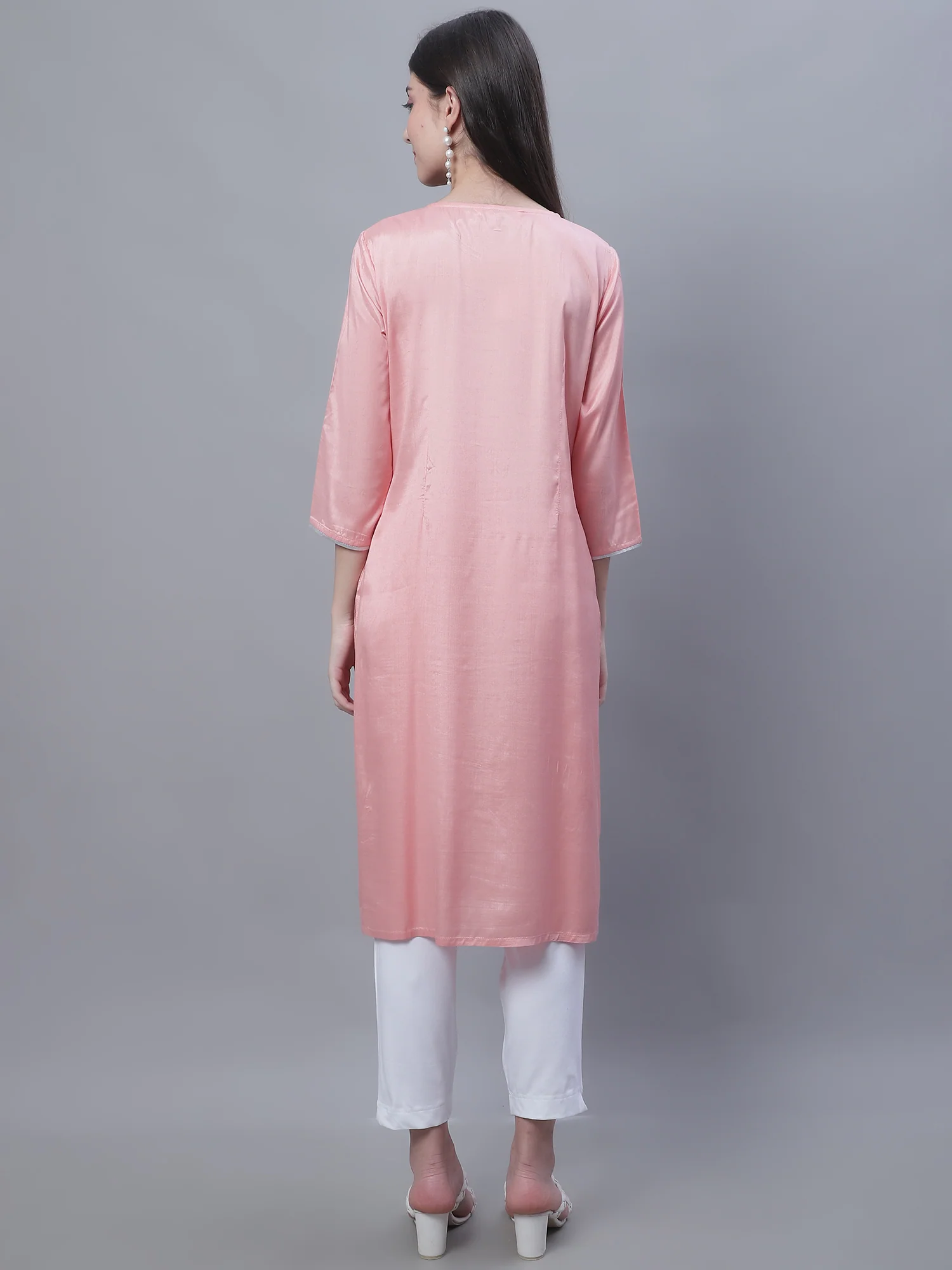 Women's Casual Round neck Peach All over Printed Knee length Kurti - Image 2