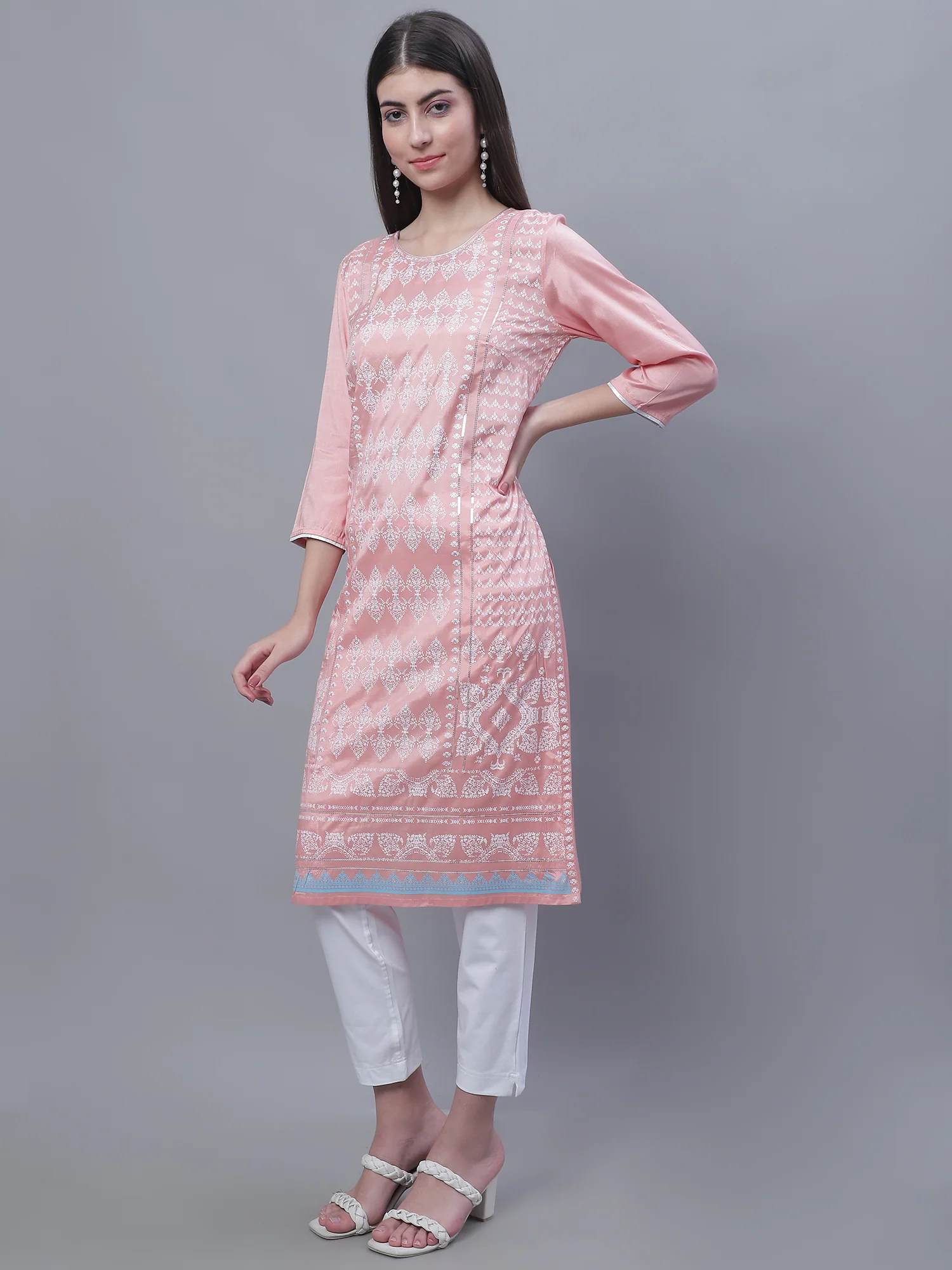 Women's Casual Round neck Peach All over Printed Knee length Kurti - Image 3