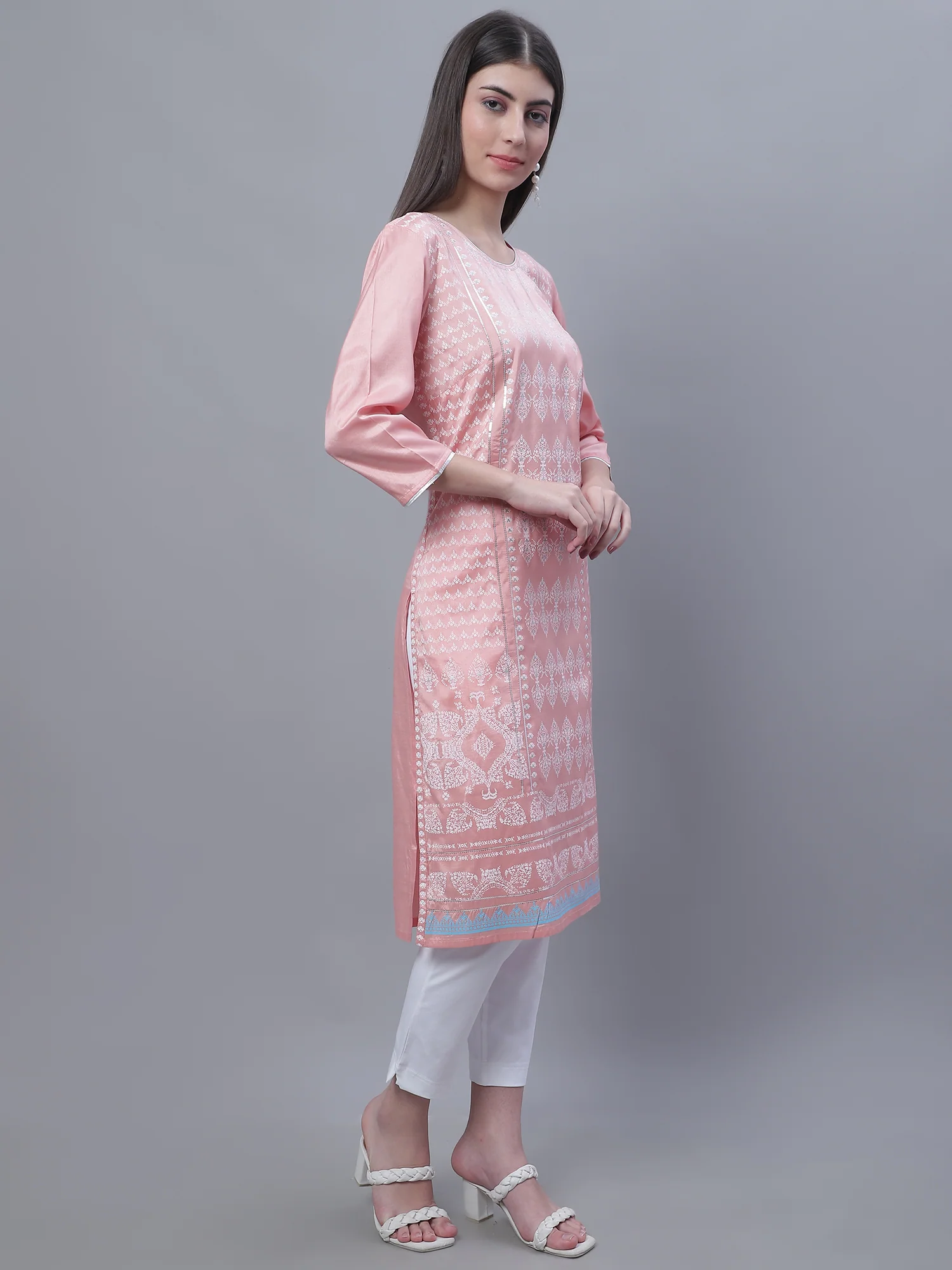 Women's Casual Round neck Peach All over Printed Knee length Kurti - Image 4