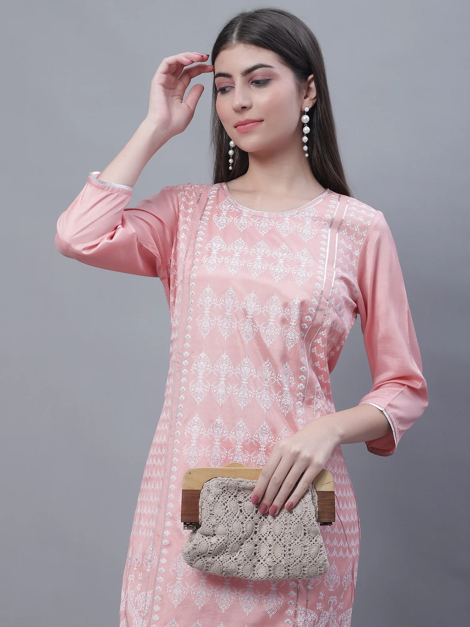 Women's Casual Round neck Peach All over Printed Knee length Kurti - Image 5