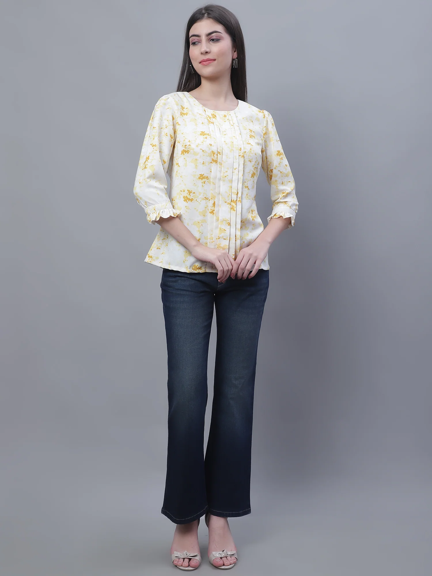 Women's Casual  Yellow Marble Print Round neck Top - Image 5
