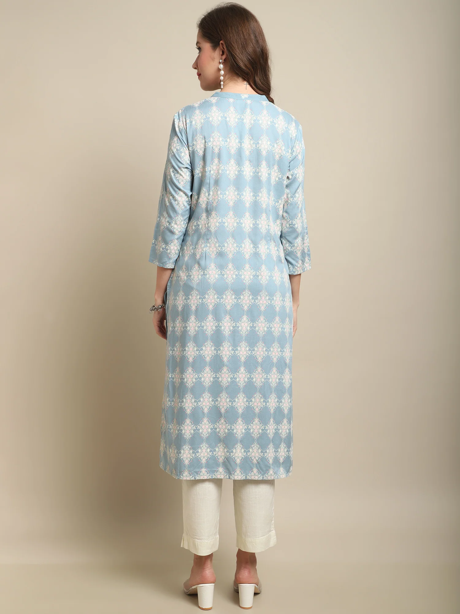 Women's Casual Band Collar Sky Blue All over Printed Calf length Kurti - Image 2