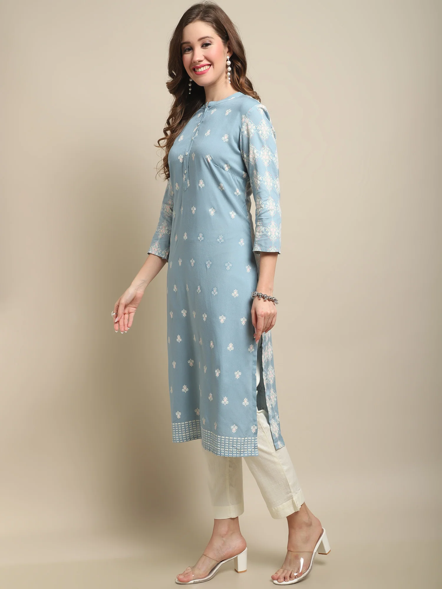 Women's Casual Band Collar Sky Blue All over Printed Calf length Kurti - Image 3