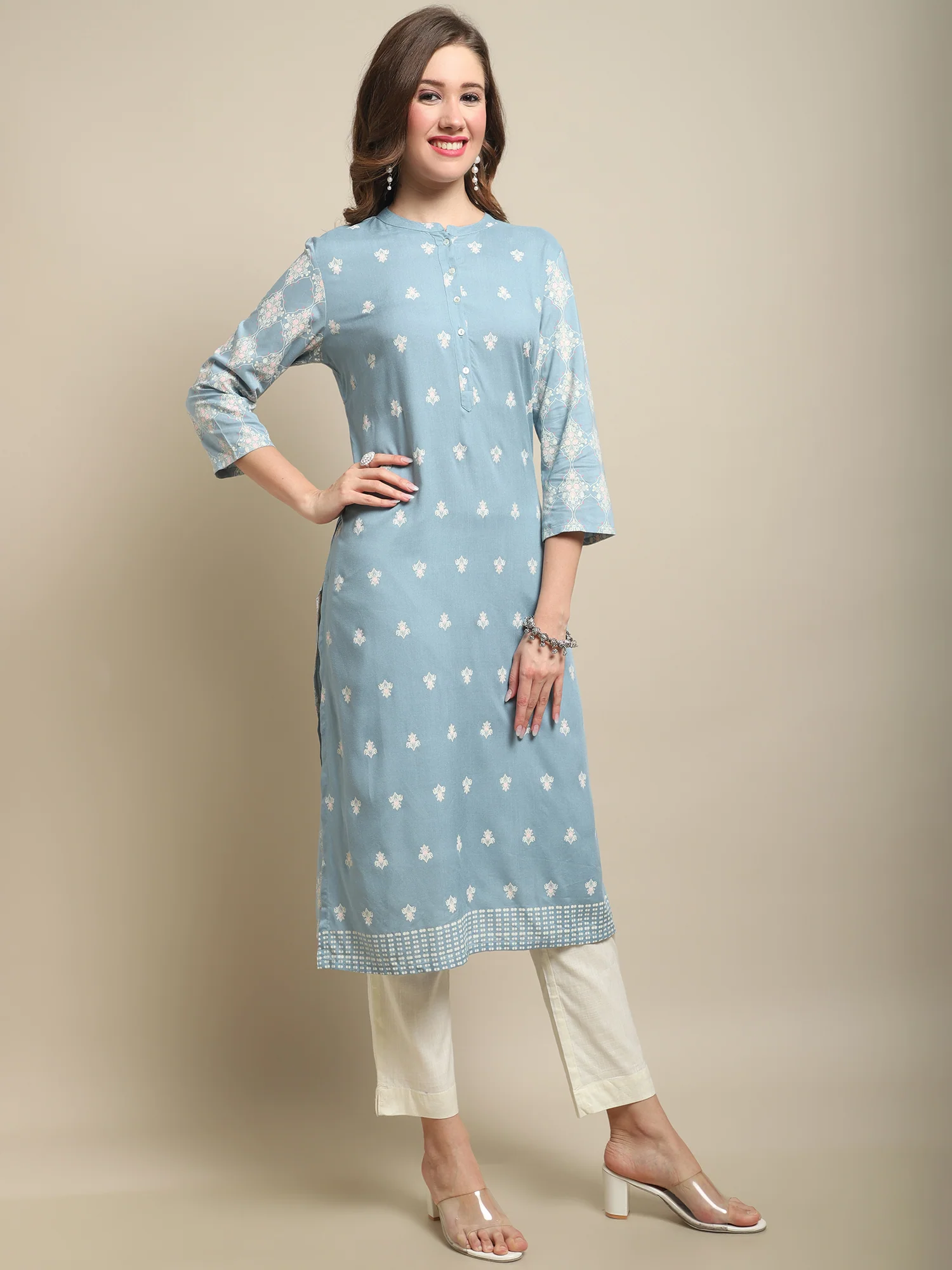 Women's Casual Band Collar Sky Blue All over Printed Calf length Kurti - Image 4