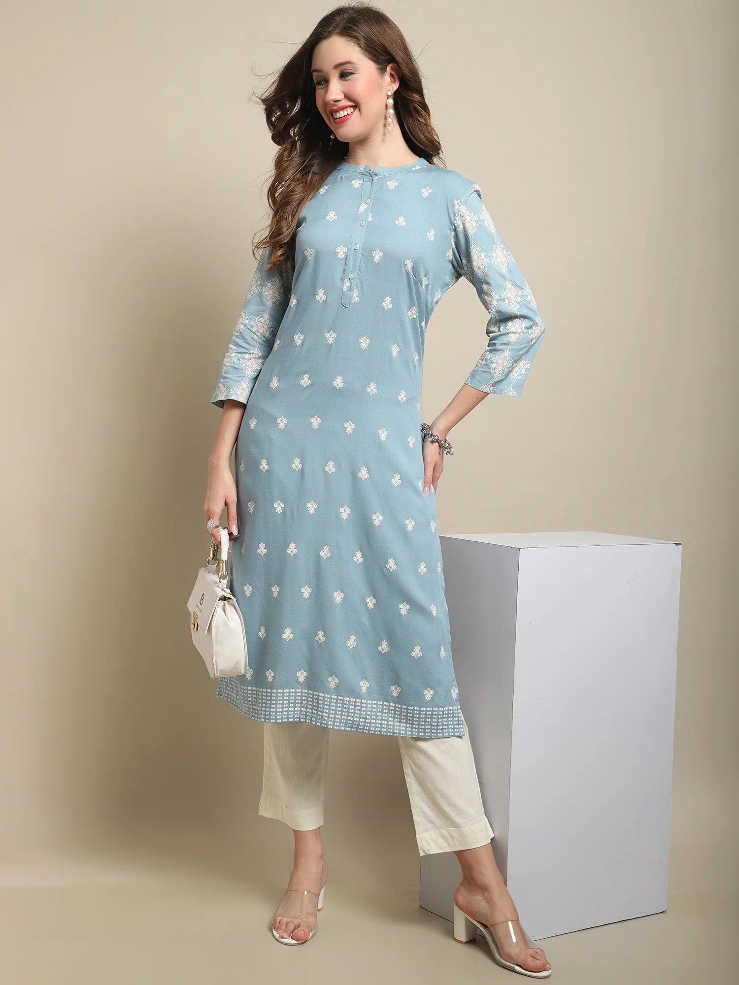 Women's Casual Band Collar Sky Blue All over Printed Calf length Kurti - Image 5