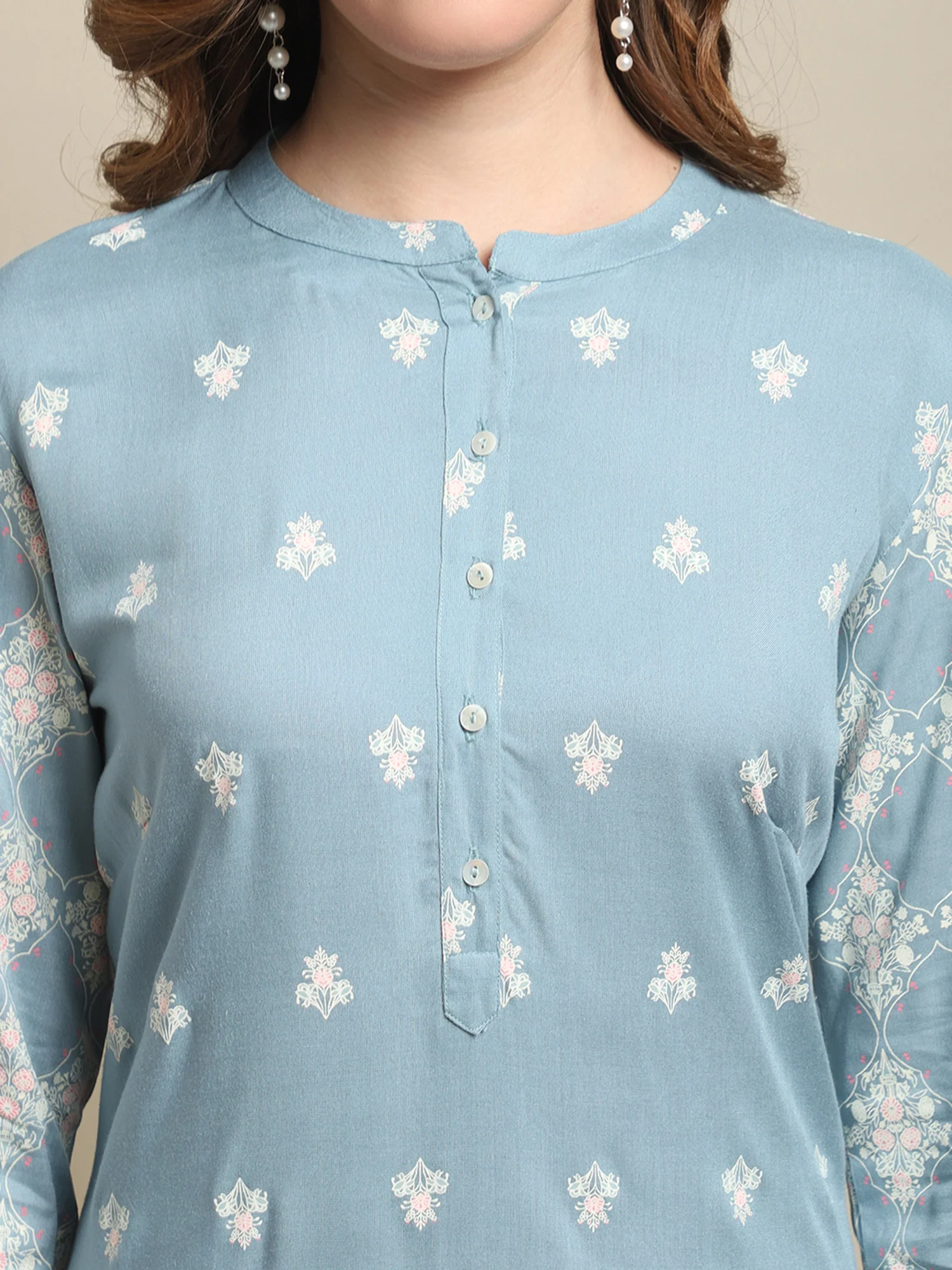 Women's Casual Band Collar Sky Blue All over Printed Calf length Kurti - Image 6