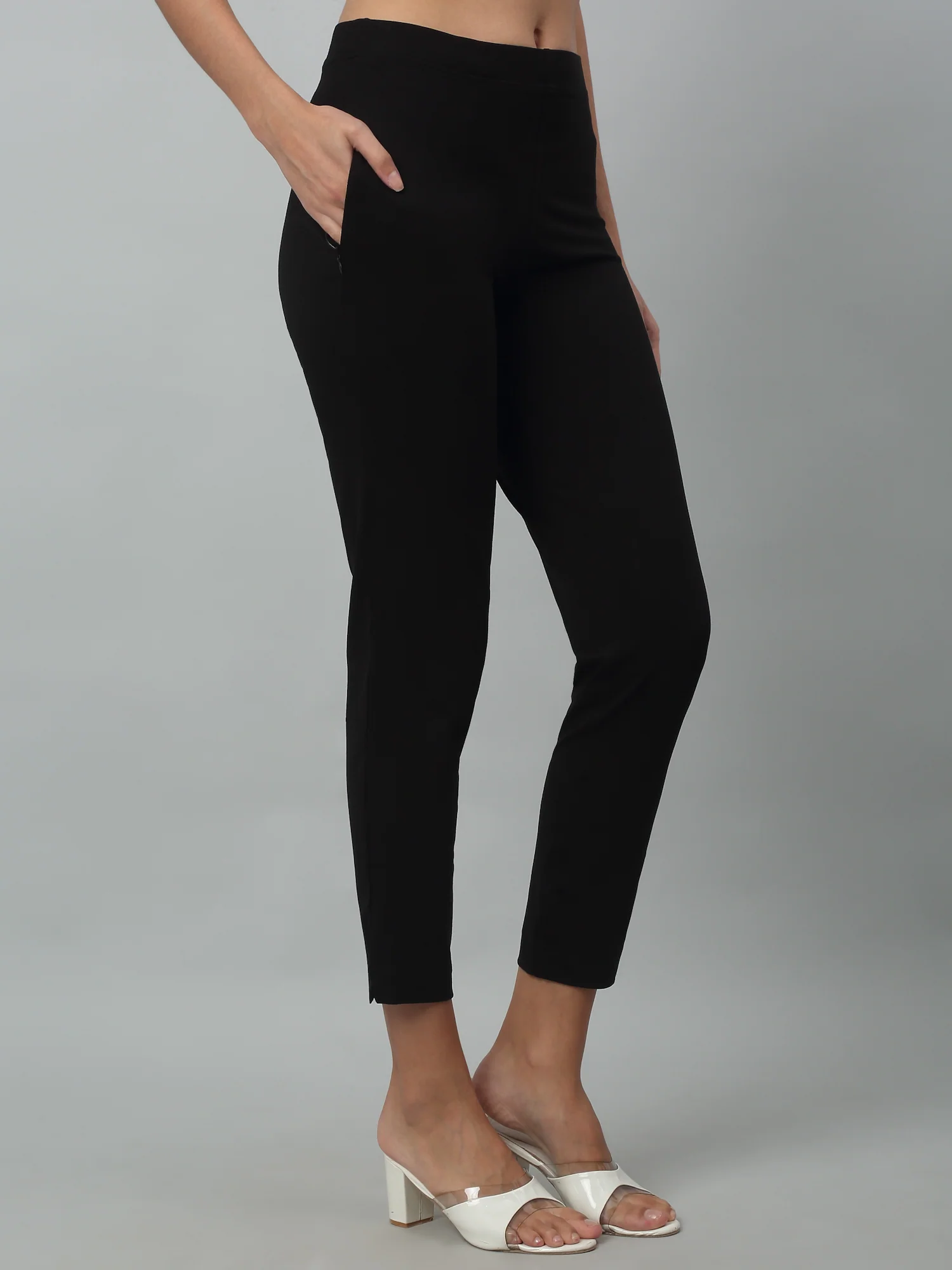 Women's Basic Regular Fit Black Flat Front Mid rise Kurti Pant - Image 2