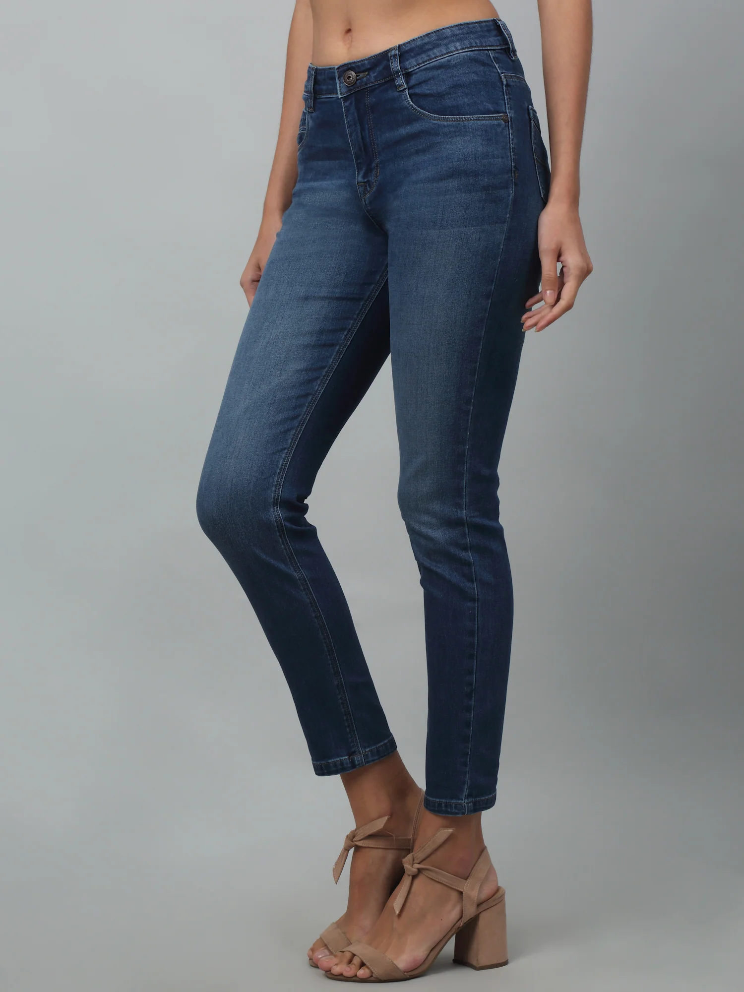 Women's Casual Skinny Fit Dark Mercerised Blue Light Fade Mid rise Jeans - Image 3