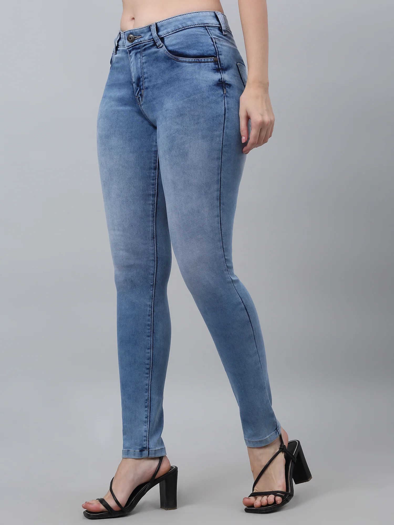 Women's Casual Skinny Fit Light Blue Heavy Fade Mid rise Jeans - Image 2