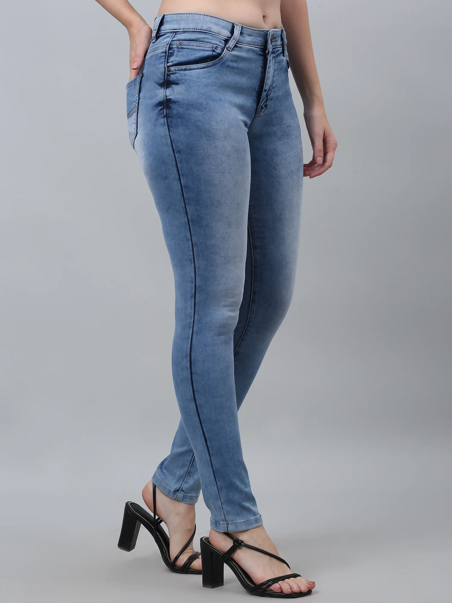 Women's Casual Skinny Fit Light Blue Heavy Fade Mid rise Jeans - Image 3