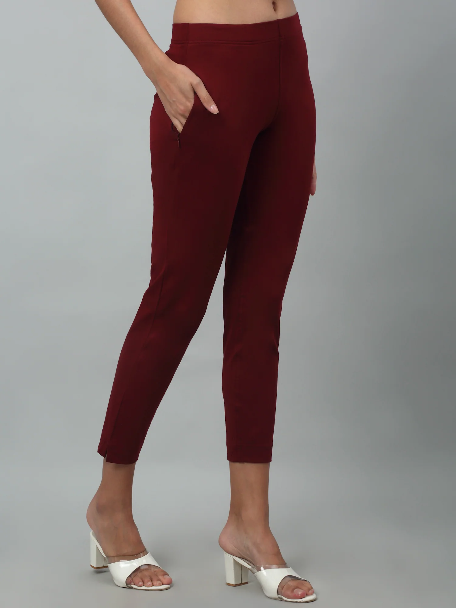 Women's Basic Regular Fit Maroon Flat Front Mid rise Kurti Pant - Image 2