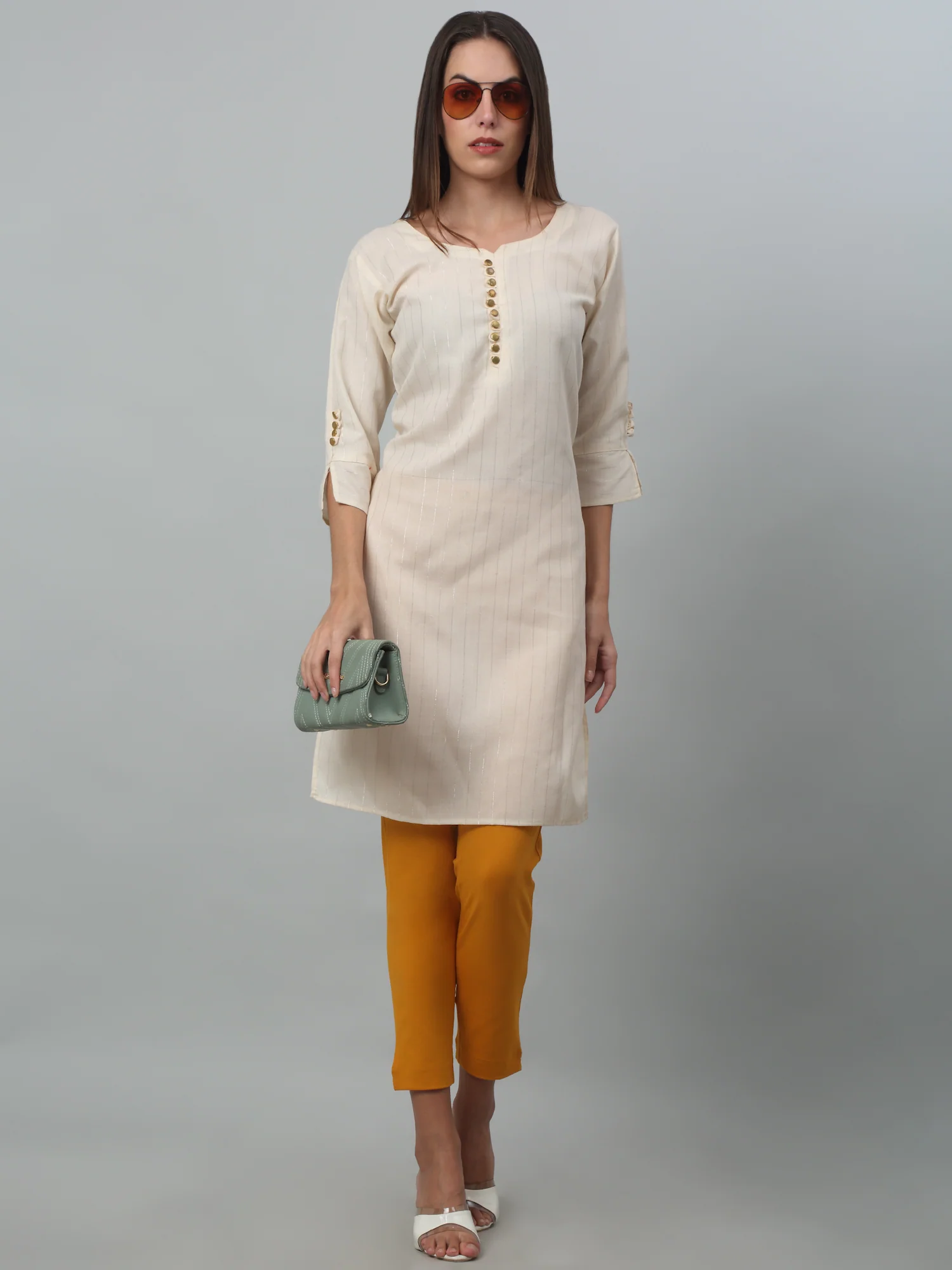 Women's Basic Regular Fit Mustard Flat Front Mid rise Kurti Pant - Image 5