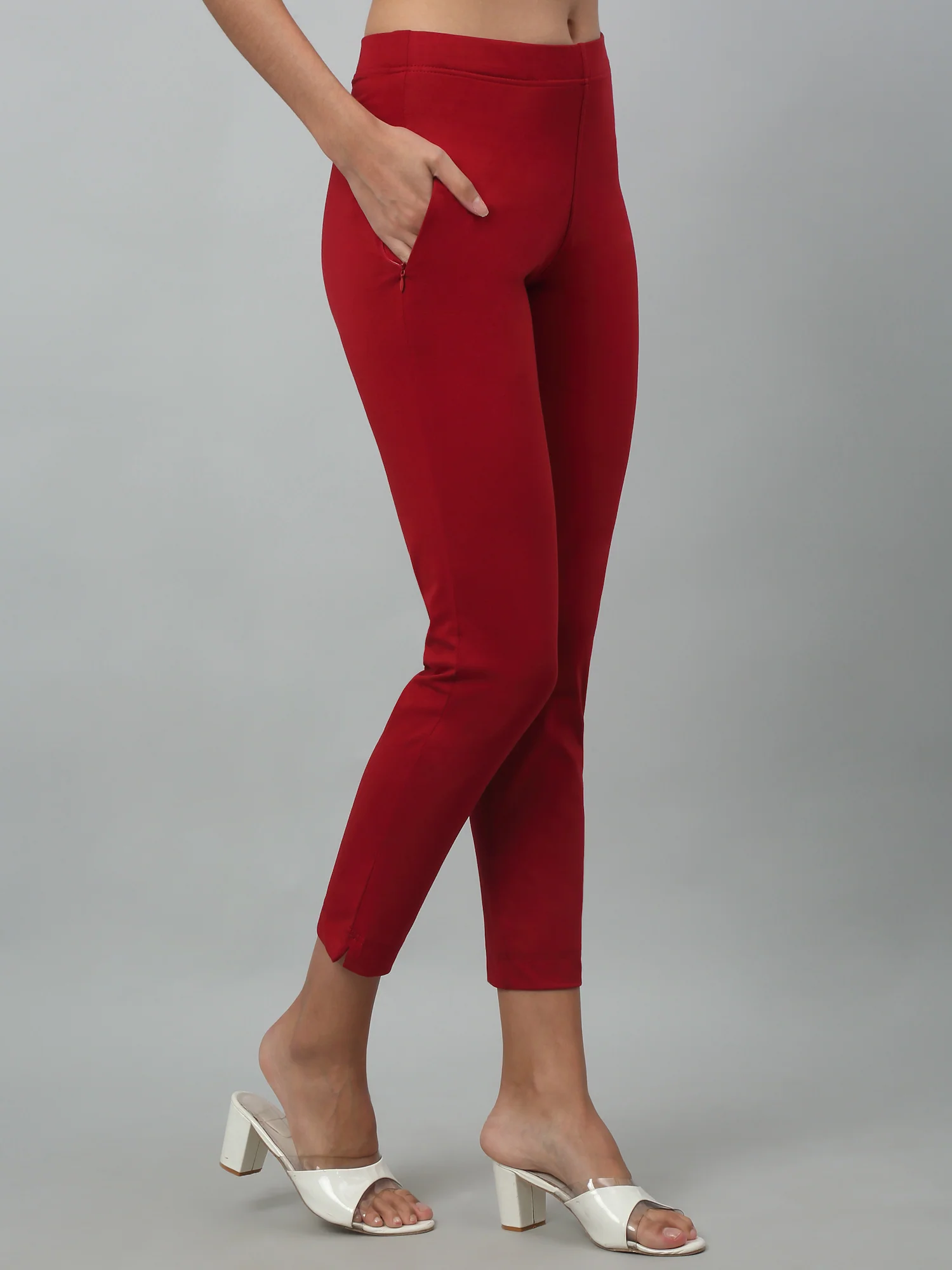 Women's Basic Regular Fit Red Flat Front Mid rise Kurti Pant - Image 2