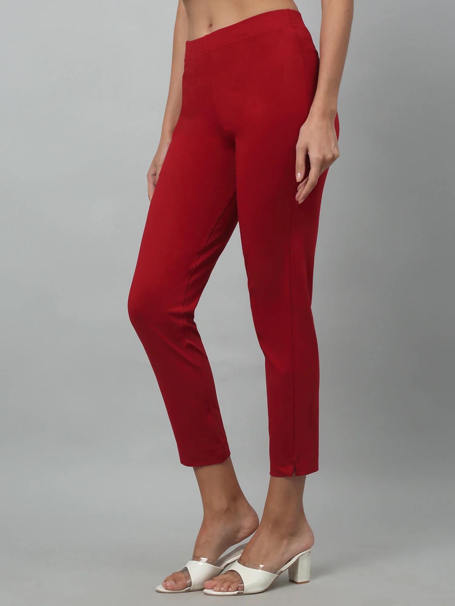 Women's Basic Regular Fit Red Flat Front Mid rise Kurti Pant - Image 3