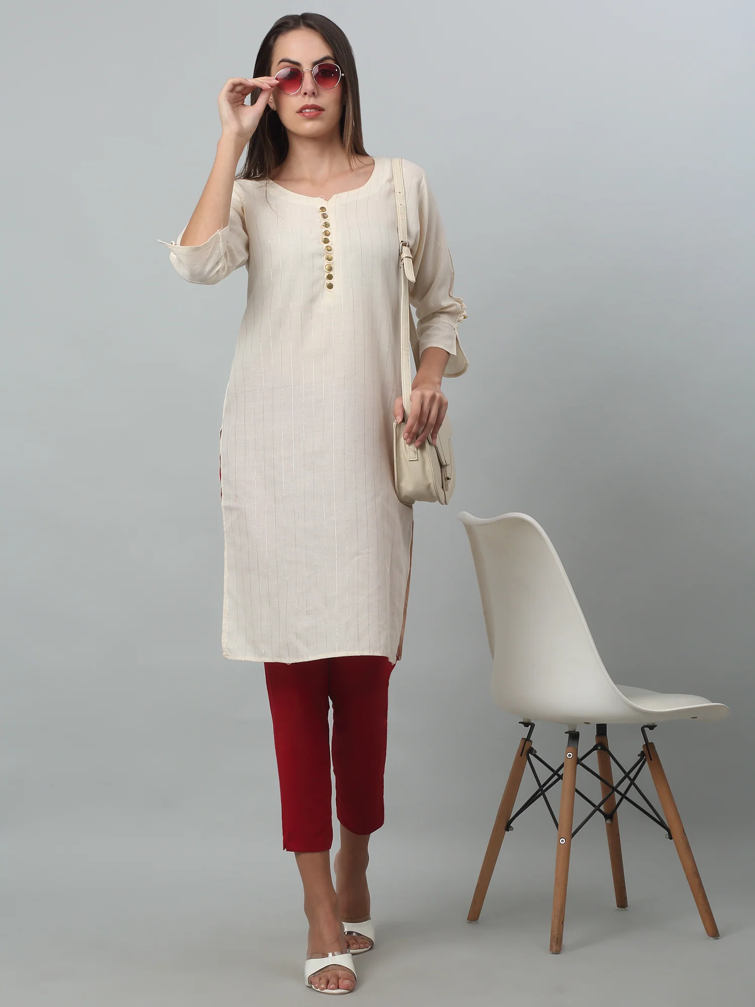 Women's Basic Regular Fit Red Flat Front Mid rise Kurti Pant - Image 5