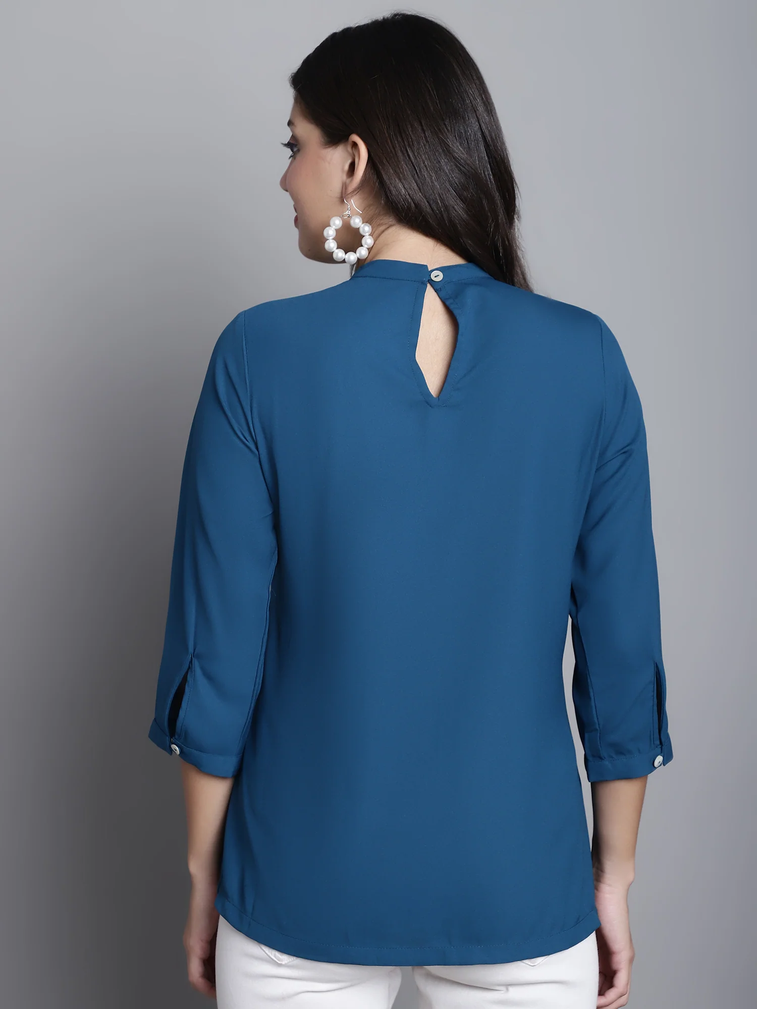Women's Casual  Teal Blue Solid Band Collar Top - Image 2