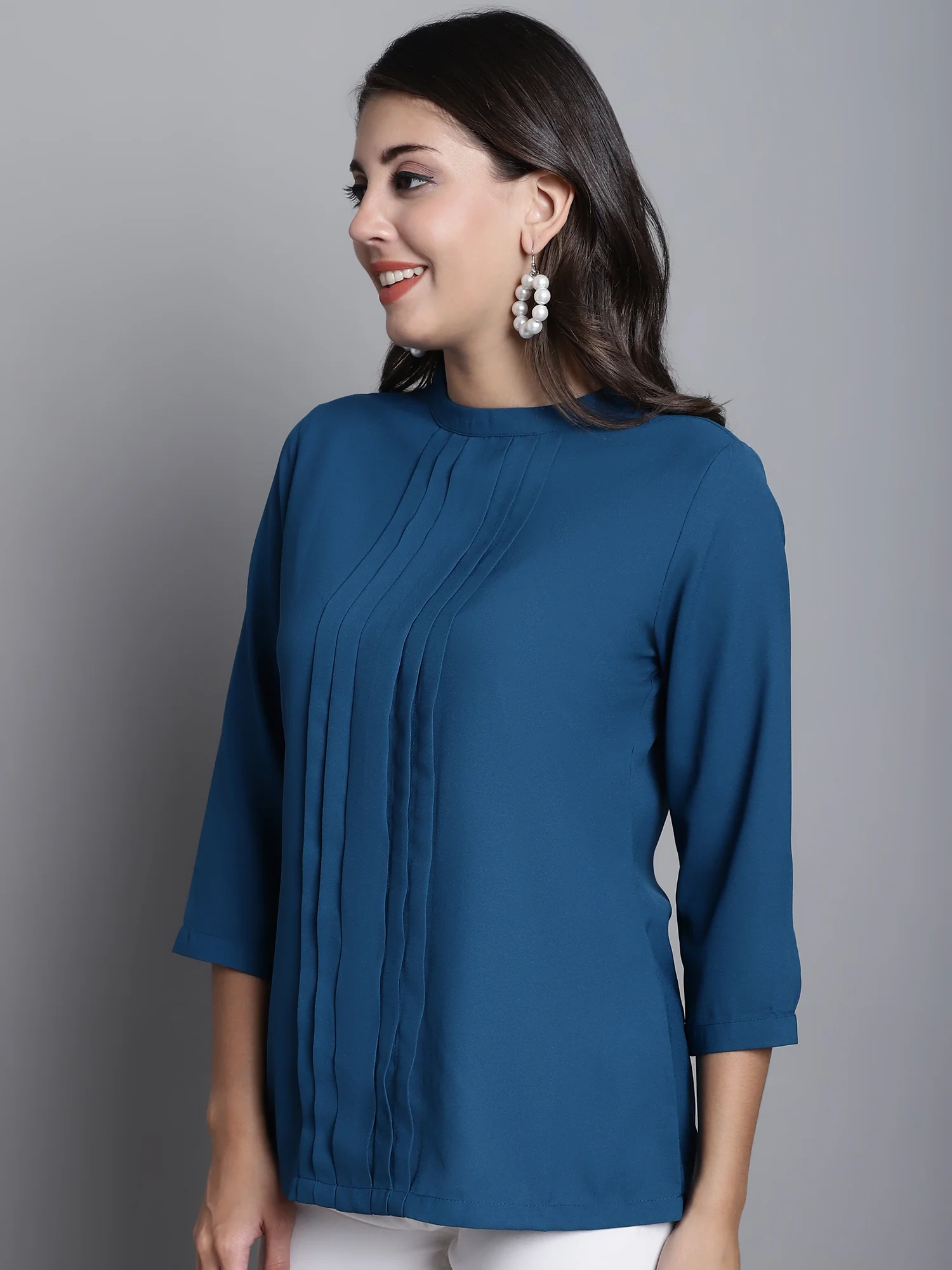 Women's Casual  Teal Blue Solid Band Collar Top - Image 3