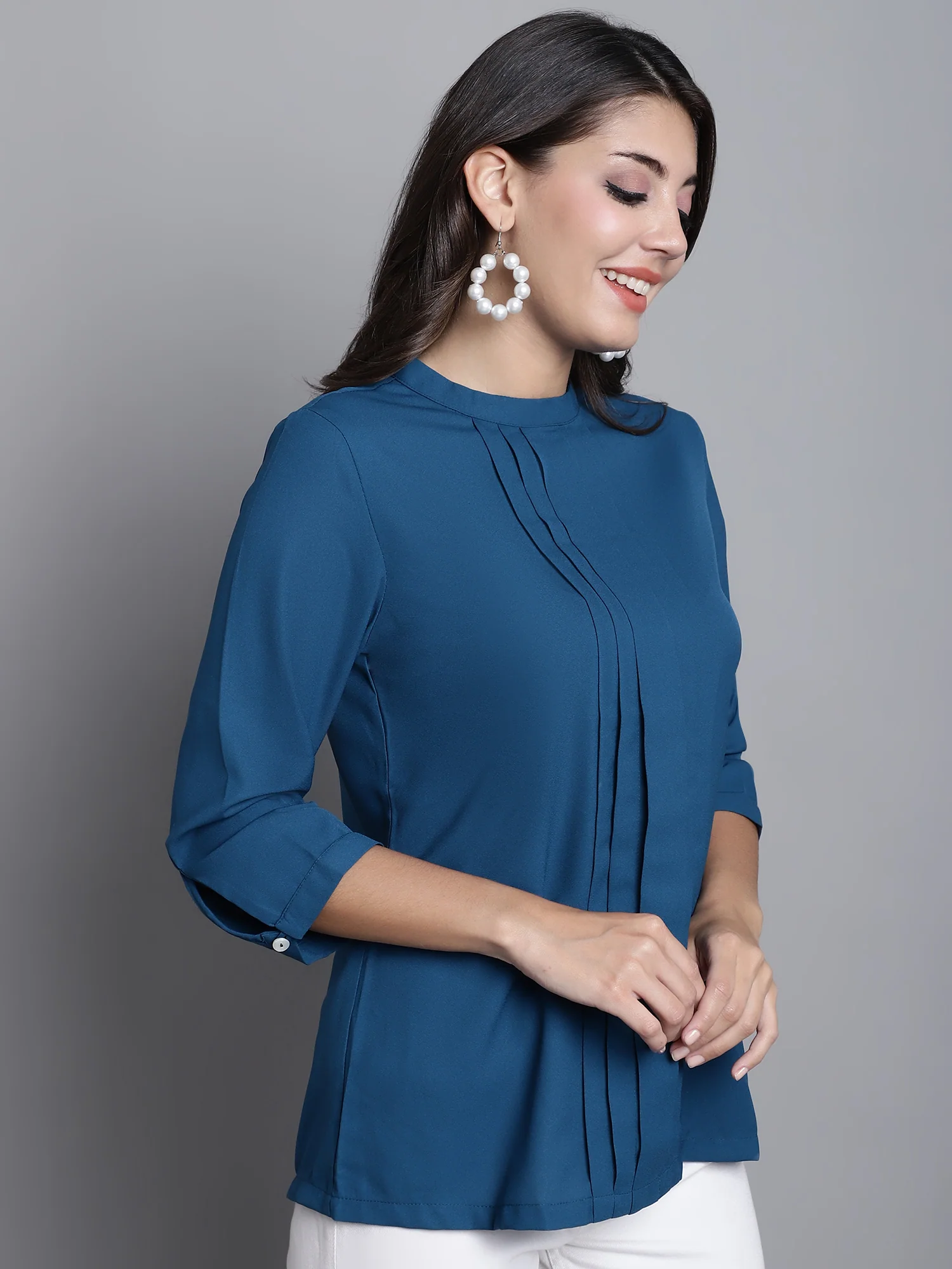 Women's Casual  Teal Blue Solid Band Collar Top - Image 4
