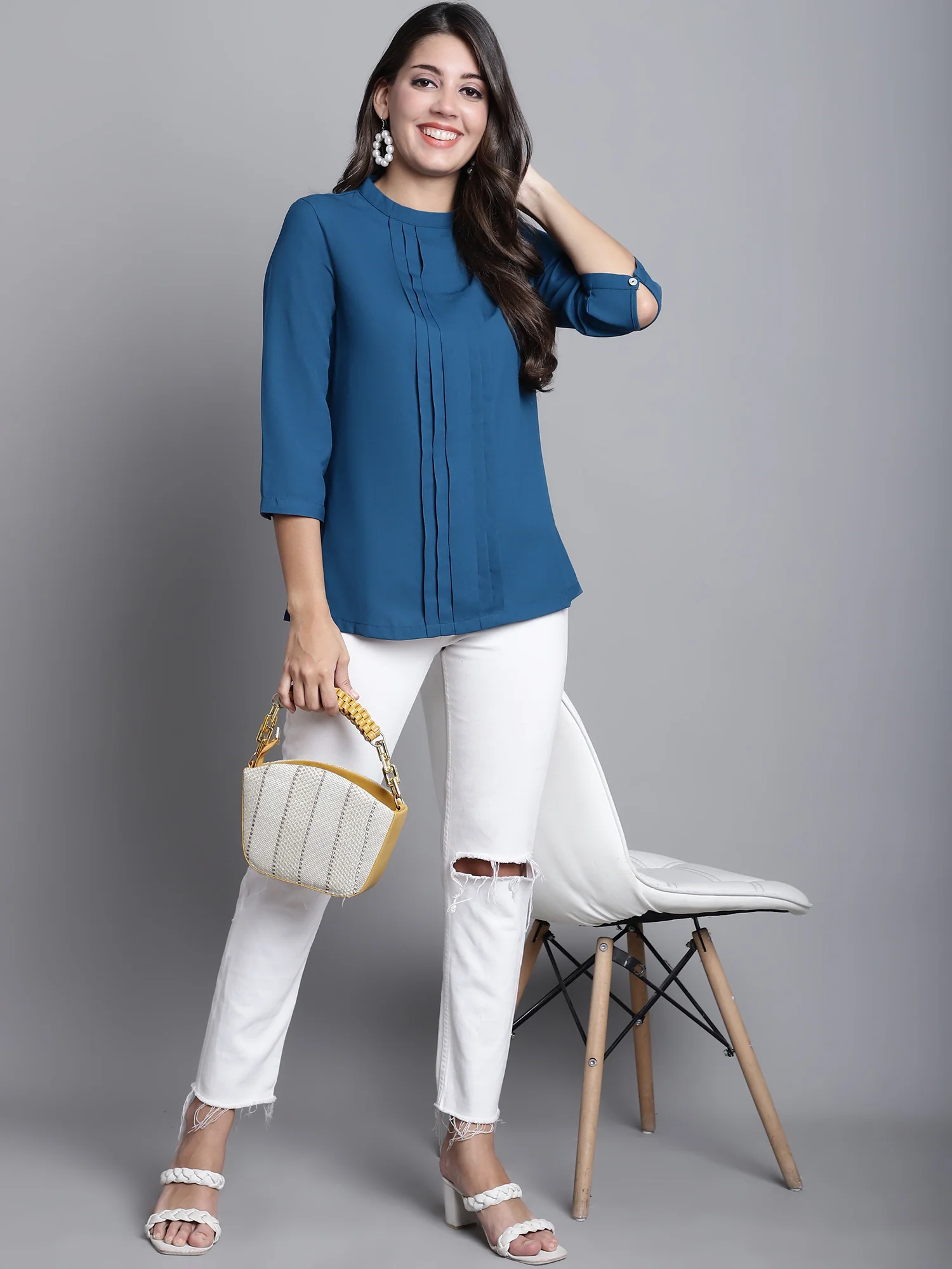 Women's Casual  Teal Blue Solid Band Collar Top - Image 5