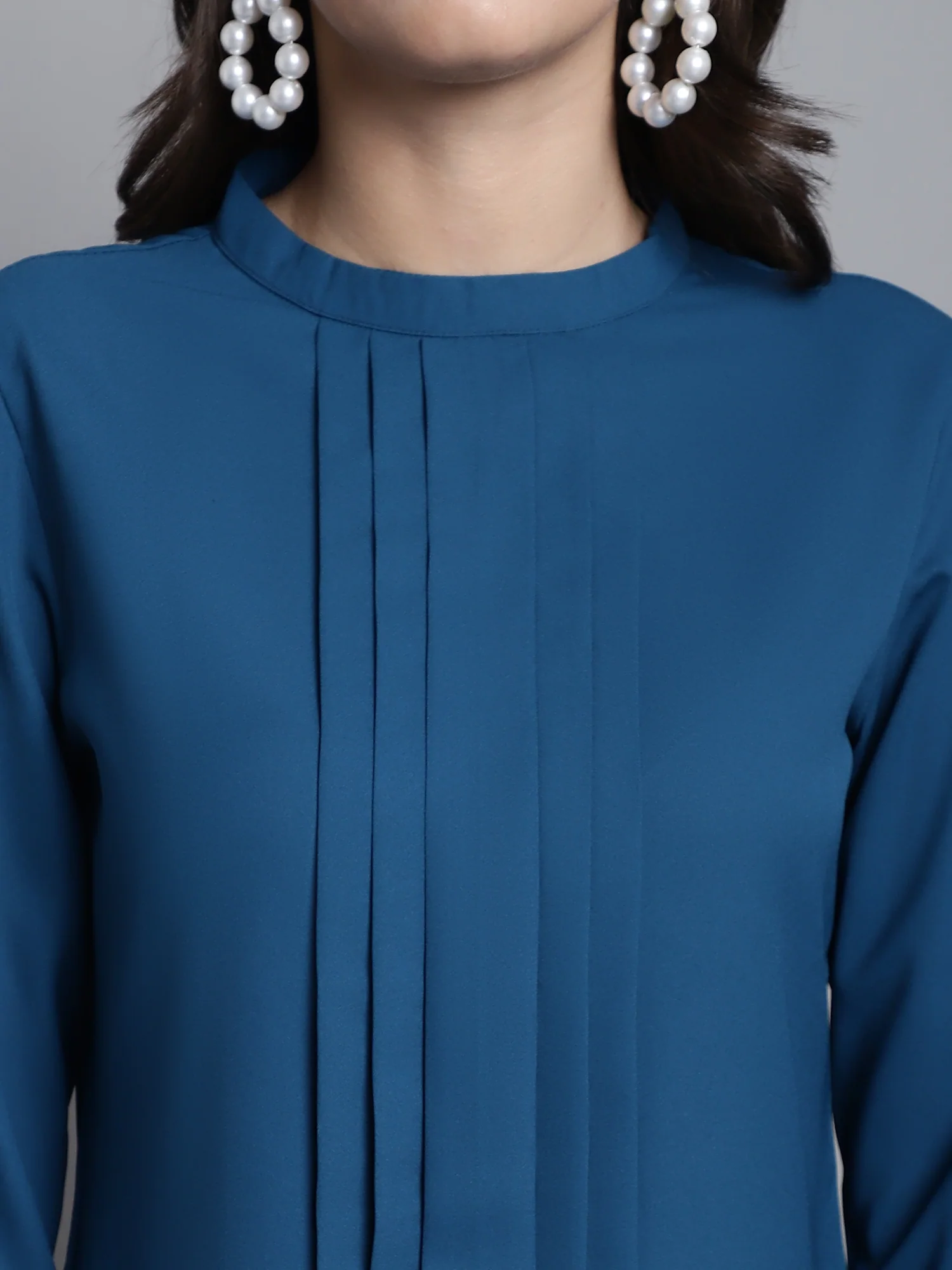 Women's Casual  Teal Blue Solid Band Collar Top - Image 6