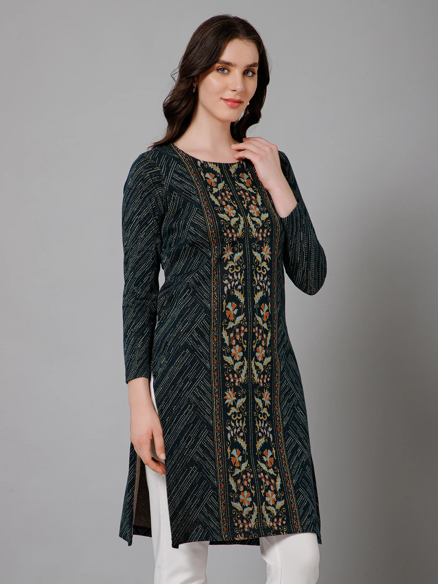 Women's Casual Round Neck Teal All Over Jacquard Above Knee Length Knit Kurti - Image 2