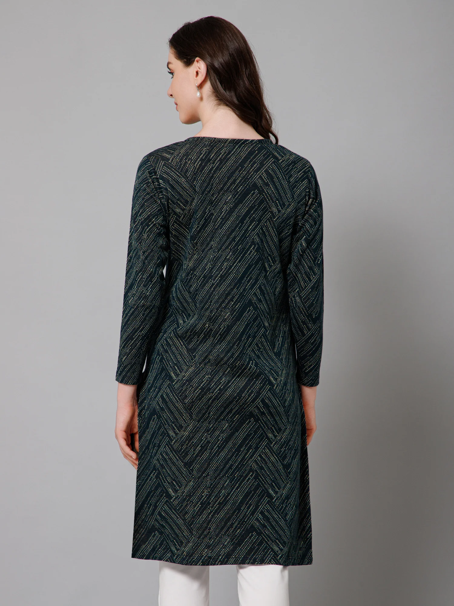 Women's Casual Round Neck Teal All Over Jacquard Above Knee Length Knit Kurti - Image 4