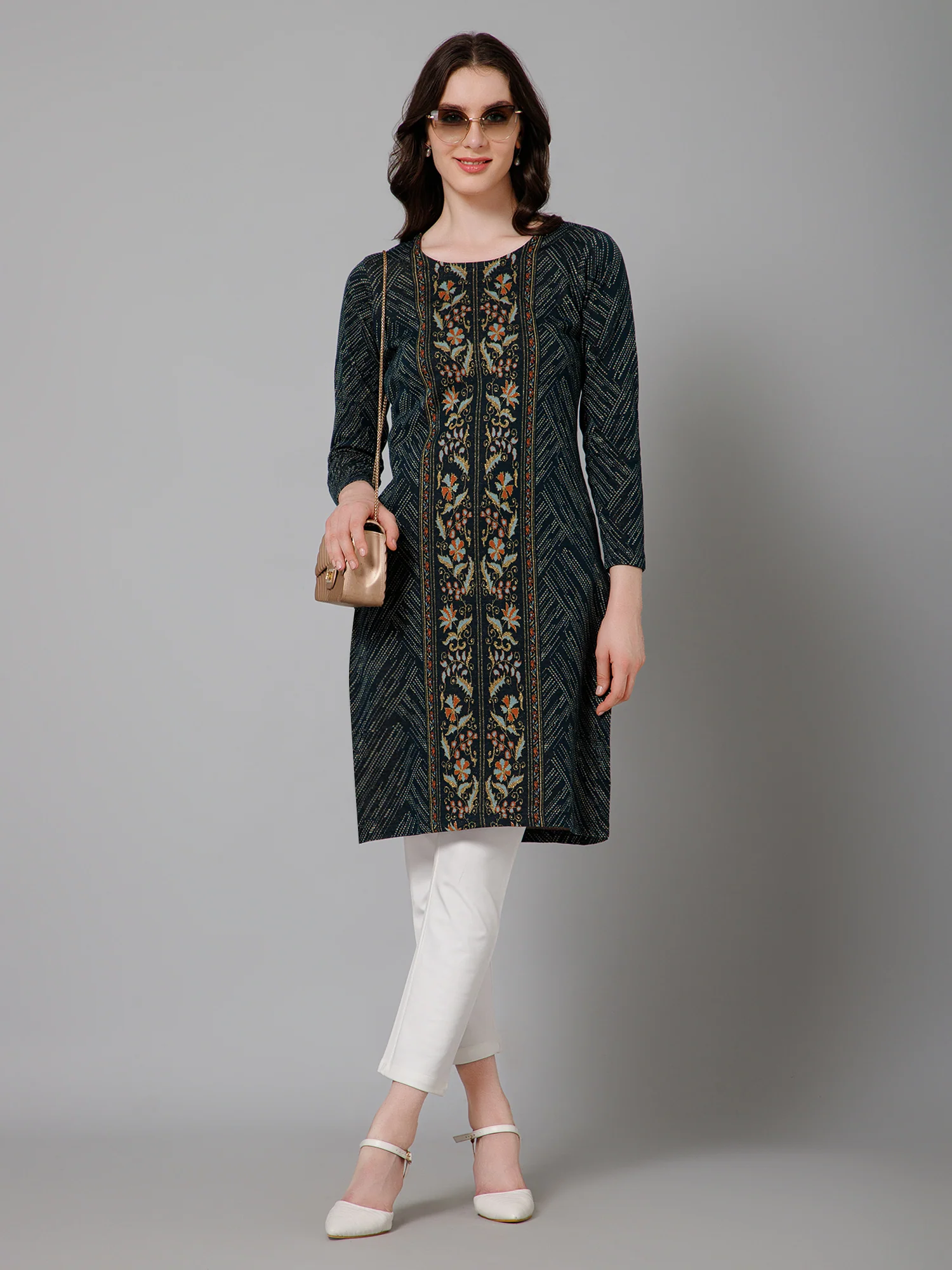 Women's Casual Round Neck Teal All Over Jacquard Above Knee Length Knit Kurti - Image 5