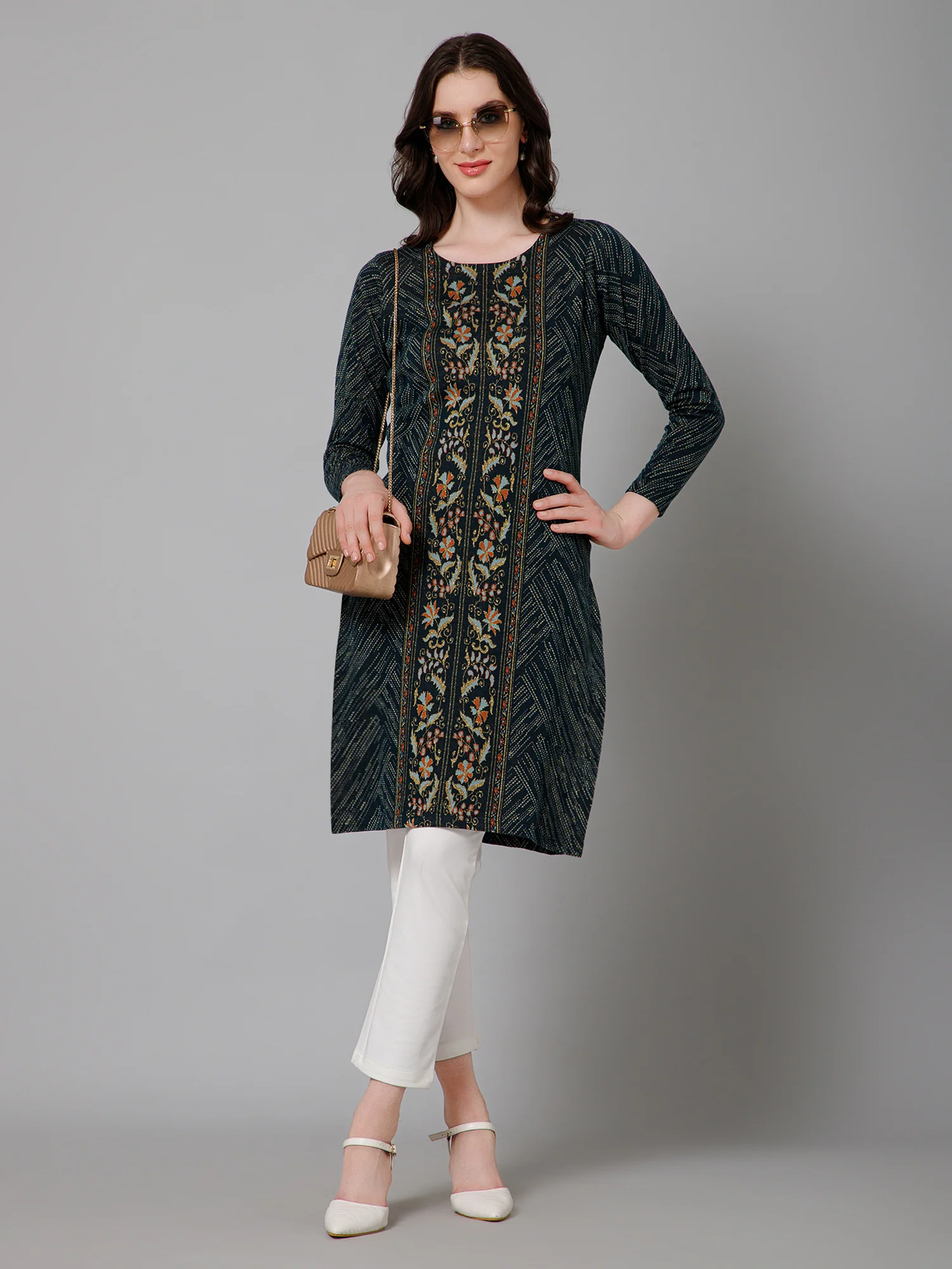 Women's Casual Round Neck Teal All Over Jacquard Above Knee Length Knit Kurti - Image 6