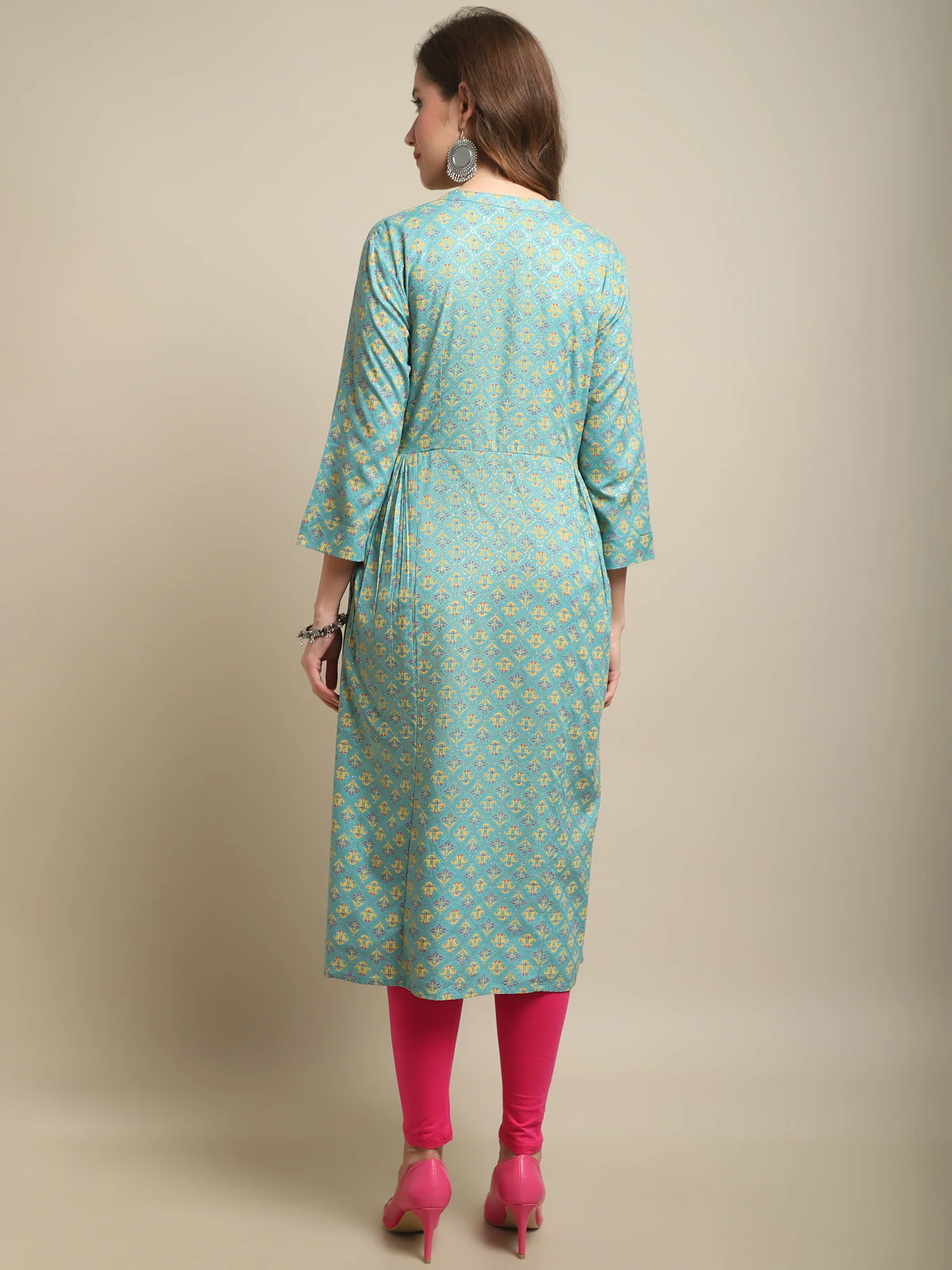 Women's Casual Band Collar Turq All over Printed Calf length Kurti - Image 2